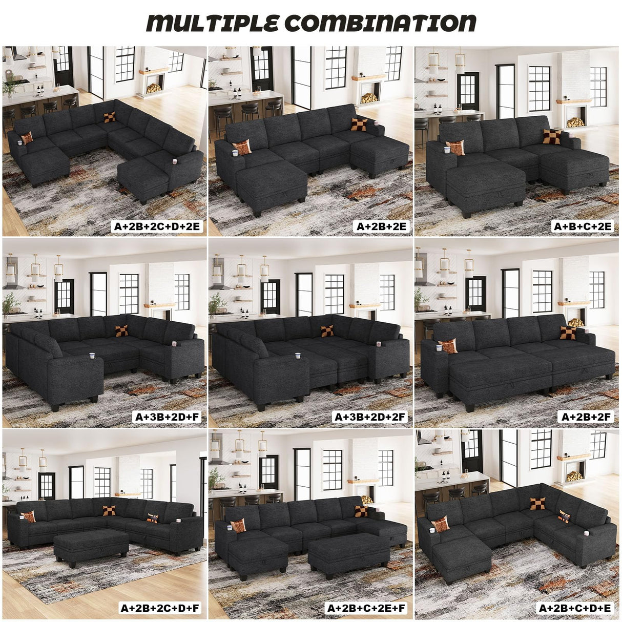 Belffin Chenille Modular Sectional Sofa Convertible L Shaped Corner Couches for Living Room with Storage Armrest with Cup Holder Dark Grey Couch Belffin
