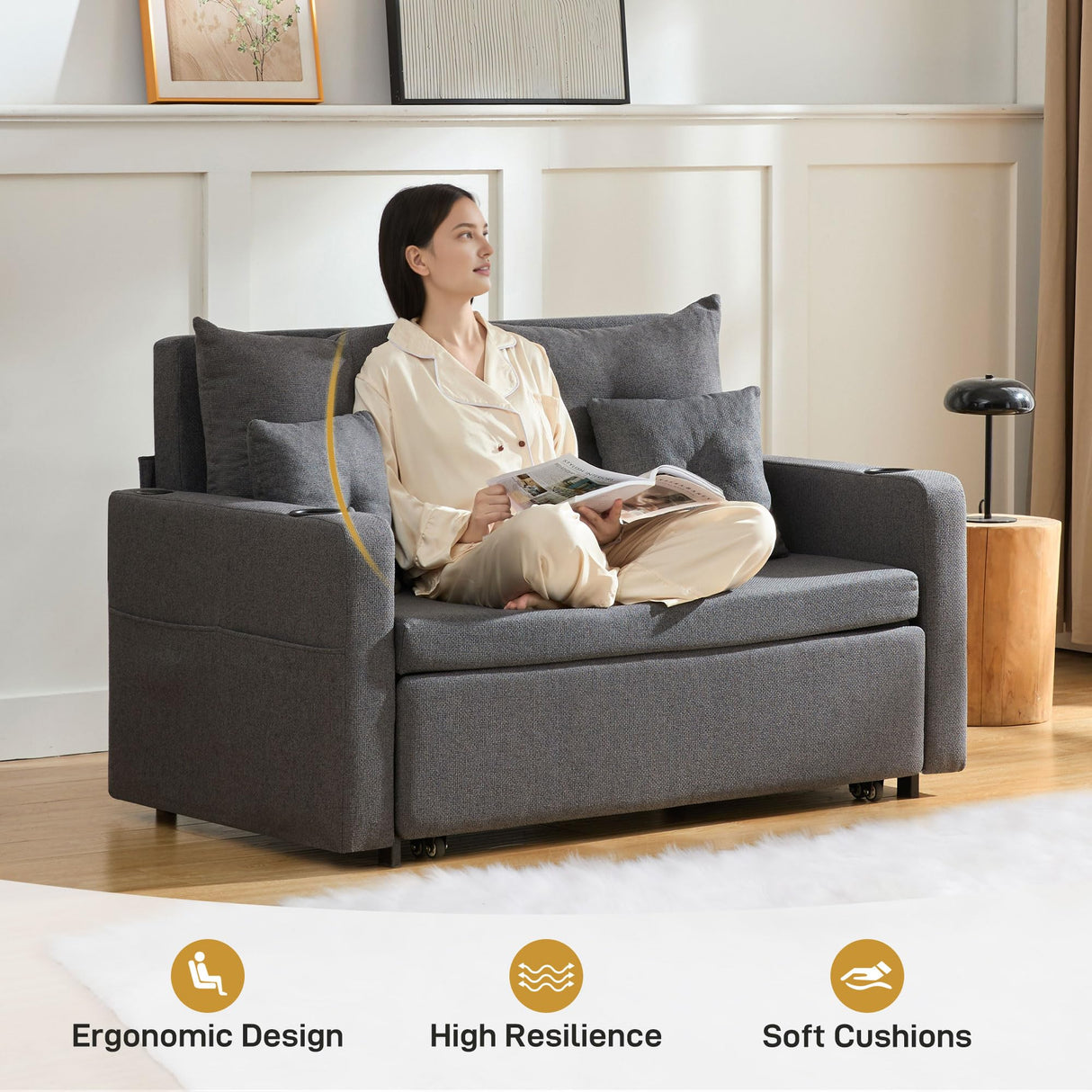 Busaurus 3 in 1 Convertible Sofa Bed, 56" Full Size Loveseat Sleeper Sofa Couch Bed, Sleeper Sofa Bed with Storage Pocket, USB, Comfy Pull Out Sofa Bed for Living Room, Bedroom, Small Space, Dark Grey Busaurus