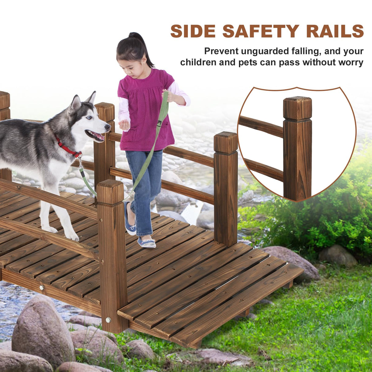 HOMEDIARY Fir Wood Garden Bridge, Outdoor Stained Finish Arc Footbridge Walkway with Double Safety Railings, Decorative Pond Bridge Landscaping for Backyard Farm Garden Creek Pond Decor, Carbonized HOMEDIARY