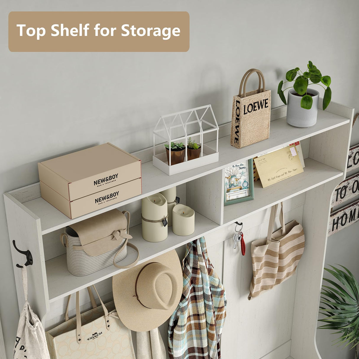 Furnihold 51.3'' Hall Tree, Off White Entryway Bench with Coat Rack, 10 Shoe Storage & 7 Coat Hooks & Adjustable Shelf, Glass Door Farmhouse Wooden Style Hall Tree with Shoe Storage Bench Furnihold