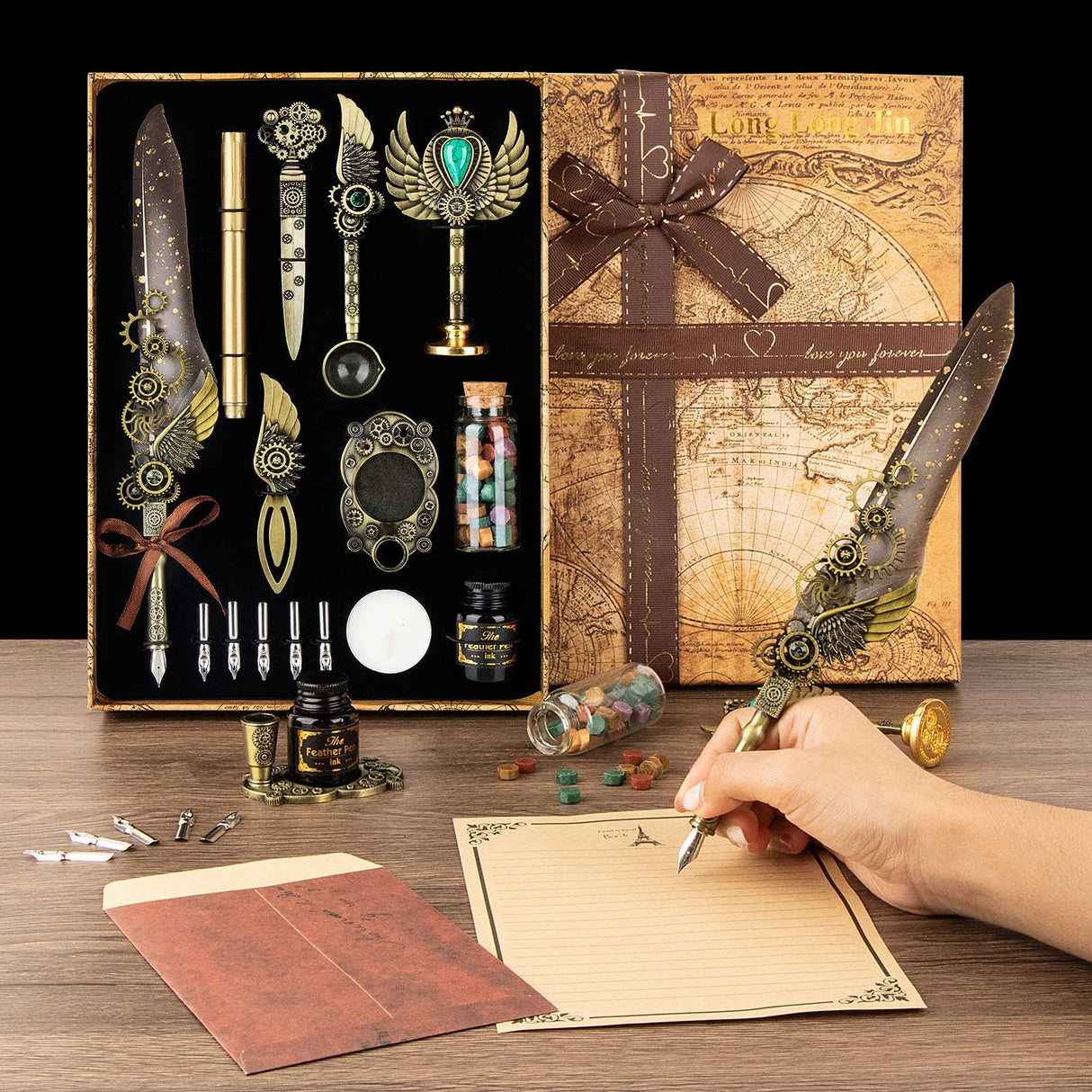 LongLongJin Quill Pen Ink Set with Seal Stamp - Feather Calligraphy Pen and Ink Set, Wax Seal Stamp Kit, Calligraphy Copybook,Beginner Calligraphy Quill Pen Lovers of All Ages Selection Gift (Grey) LongLongJin