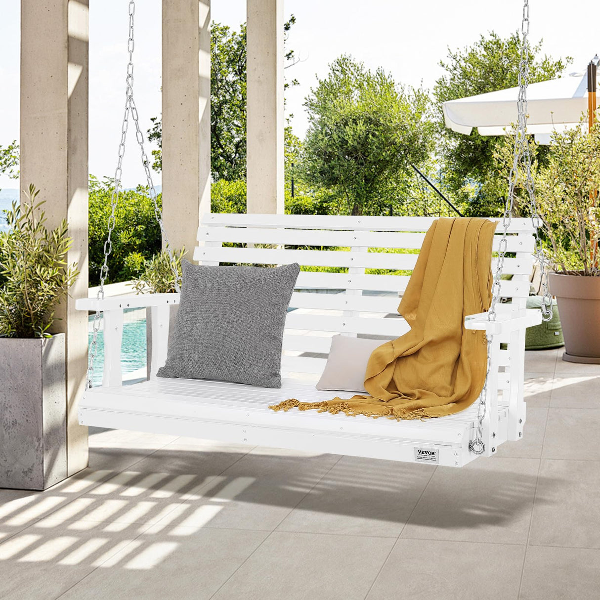 VEVOR Wooden Porch Swing 4 ft, Patio bench swing for Courtyard & Garden, Upgraded 880 lbs Strong Load Capacity, Heavy Duty Swing Chair Bench with Hanging Chains for Outdoors, White VEVOR