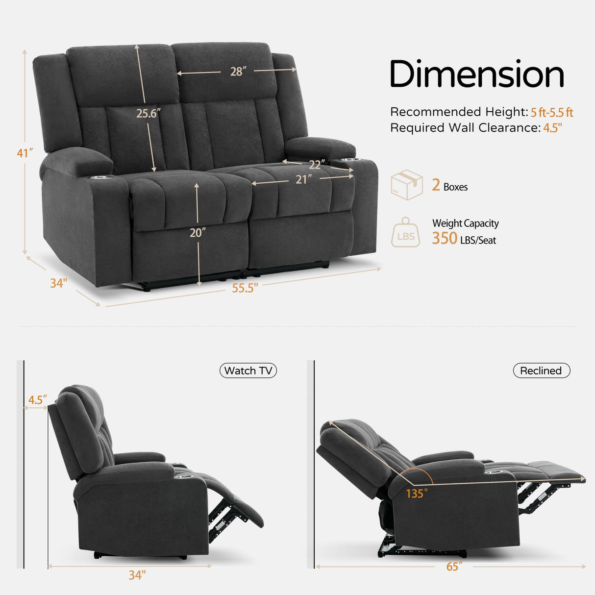 AIWOEN Recliner Loveseat Sofa with Cup Holders, 2-Seater Fabric Reclining Couch, Manual Recliner Wall Hugger for Living Room, Small Spaces, Home Theater (Dark Gray) AIWOEN