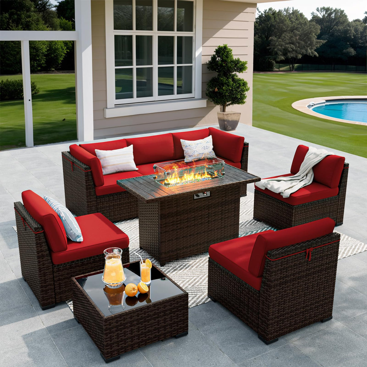 VONZOY 8 Pieces Outdoor Patio Furniture Set with 44" Fire Pit Table Rattan Sectional Conversation Sets w/Gas Fire Pit, Coffee Table, 2 Waterproof Covers, Wine red VONZOY
