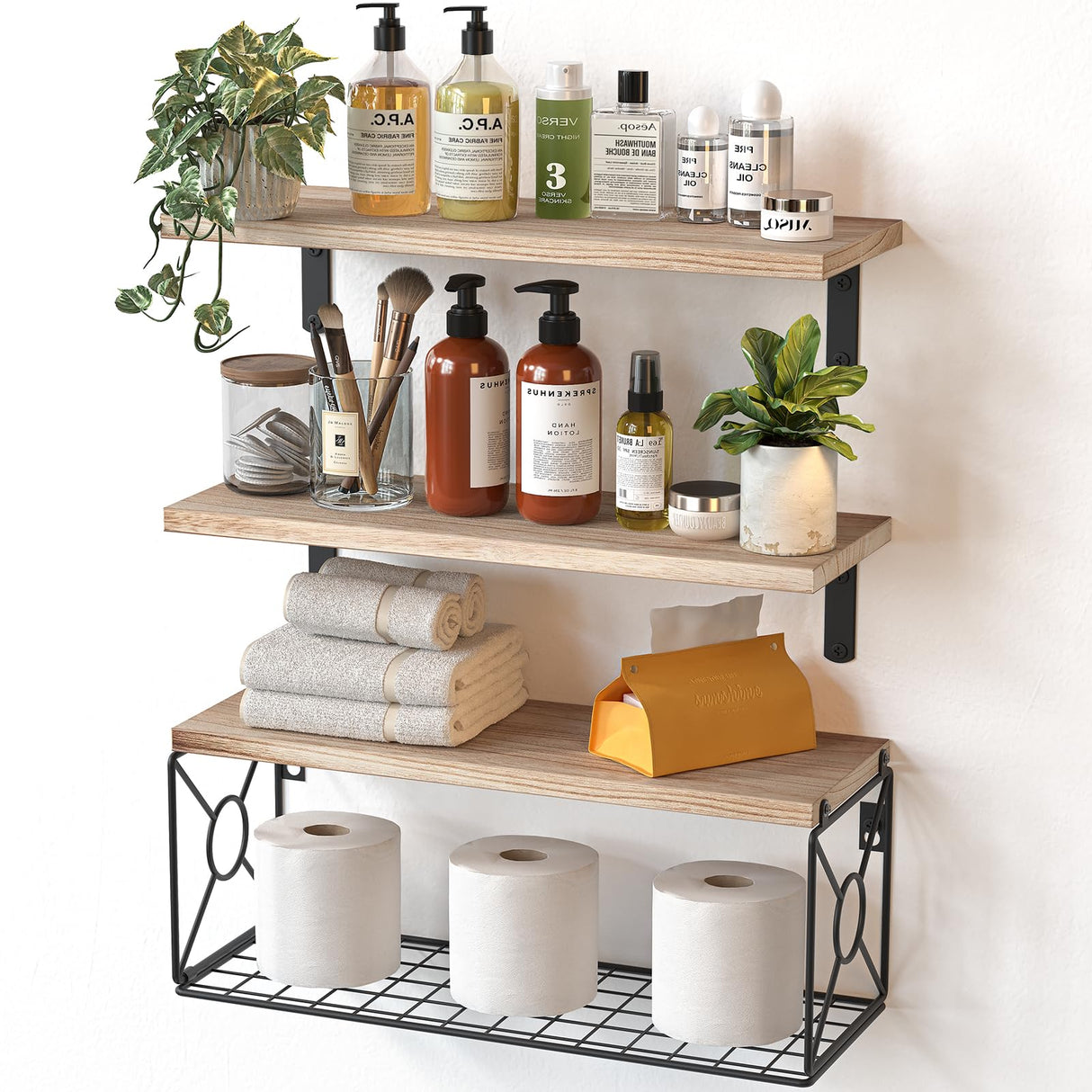 Amada Natural Wood Floating Bathroom Shelves with Storage Basket – Stylish Wall Organisers for Every Space AMADA HOMEFURNISHING