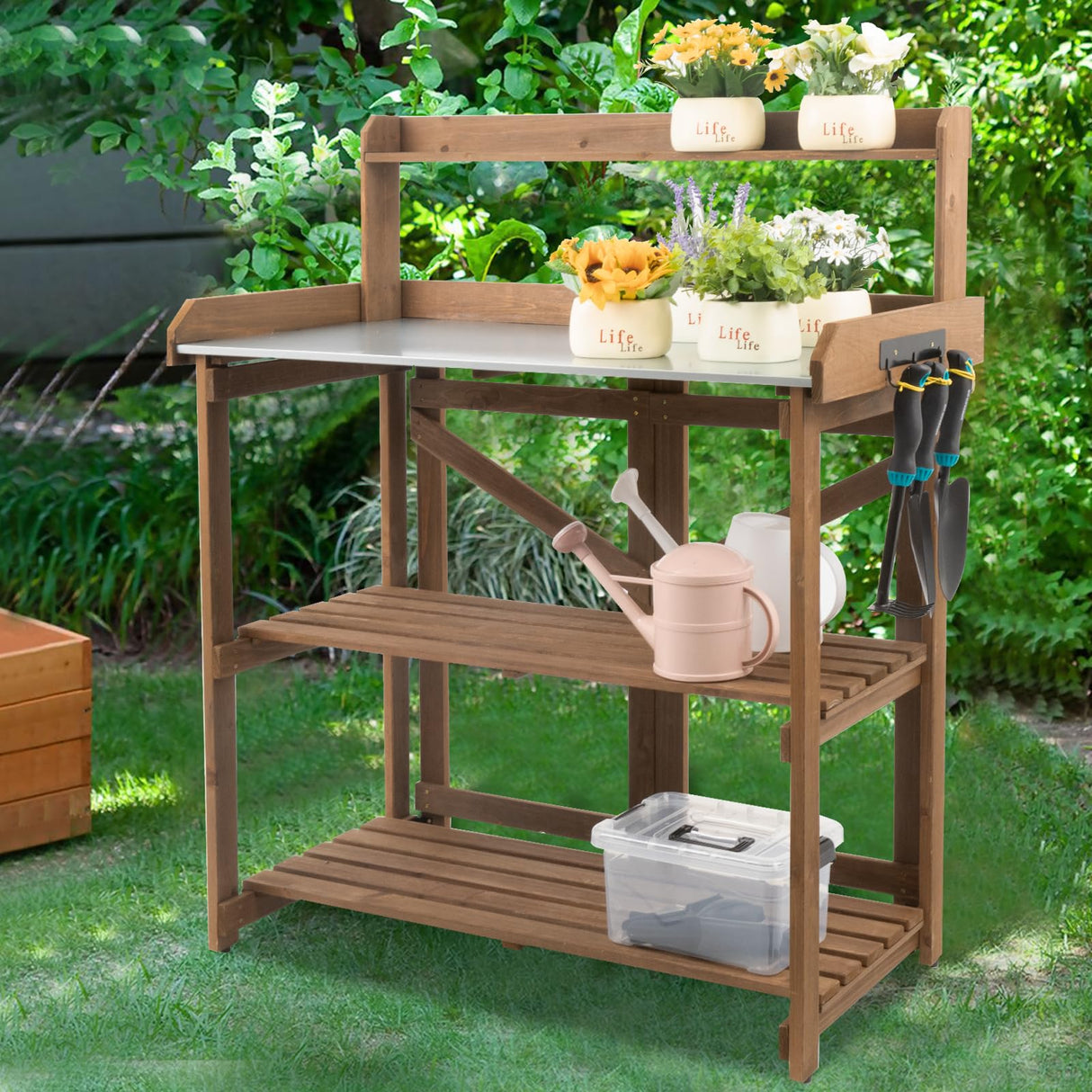 Ketive Folding Potting Bench Table,Outdoor Potting Bench Garden Wooden Potting Table,Fir Wood Workstation Planting Table with Galvanized Tabletop,2 Tier Storage Shelves,Top Shelf(Brown) ketive