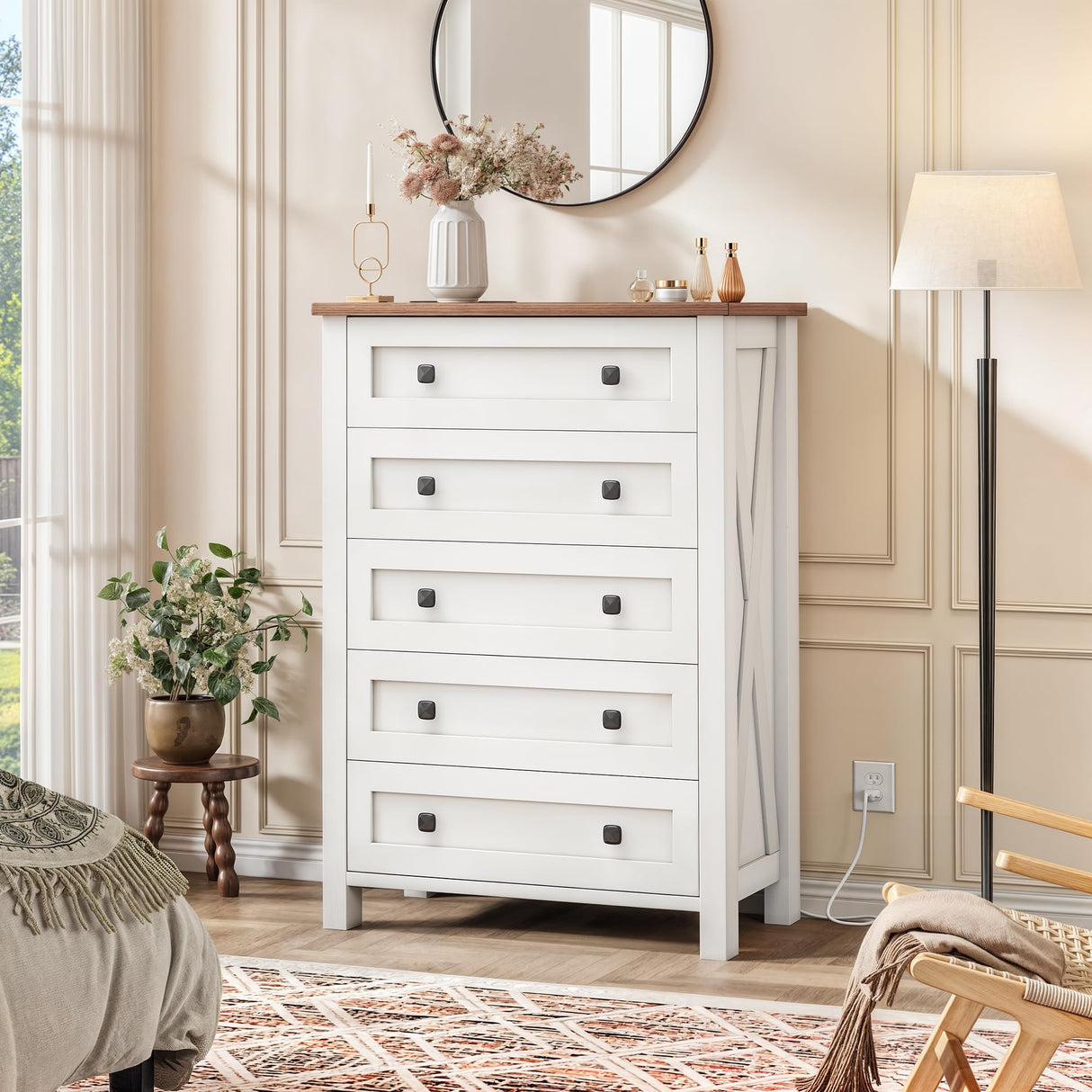 DWVO Farmhouse 5 Drawer Dresser for Bedroom with Power Outlets, Modern Tall Nightstand with Deep Drawers, Wood White Closet Dresser for Living Room, Entryway, Hallway DWVO