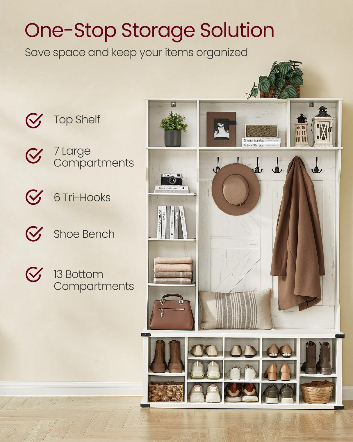 VASAGLE Hall Tree with Bench and Shoe Storage, Coat Rack with Shoe Bench, Entryway Furniture, 20 Open Compartments, 6 Tri-Hooks, Farmfouse Style, Space Saving, Rustic White UHSR440W01 VASAGLE