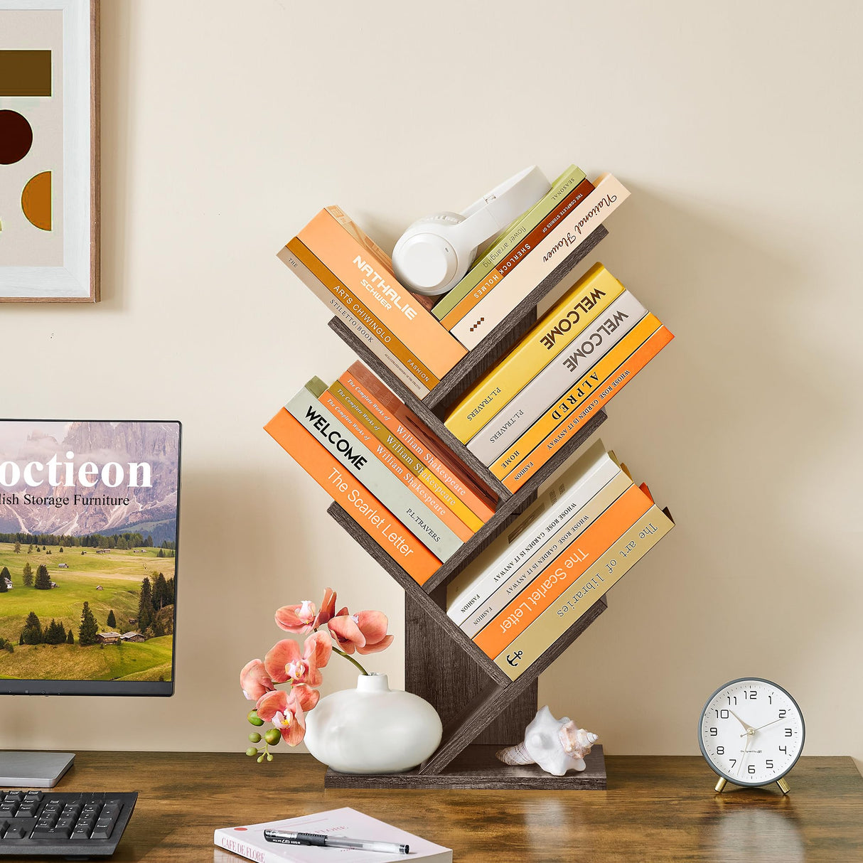 Hoctieon 4 Tier Tree Bookshelf, 4 Shelf Bookcase, Free Standing Tree Bookcase, Display Floor Standing Shelf for Books, Book Organizer Shelves for Home Office, Living Room, Bedroom, Grey Hoctieon