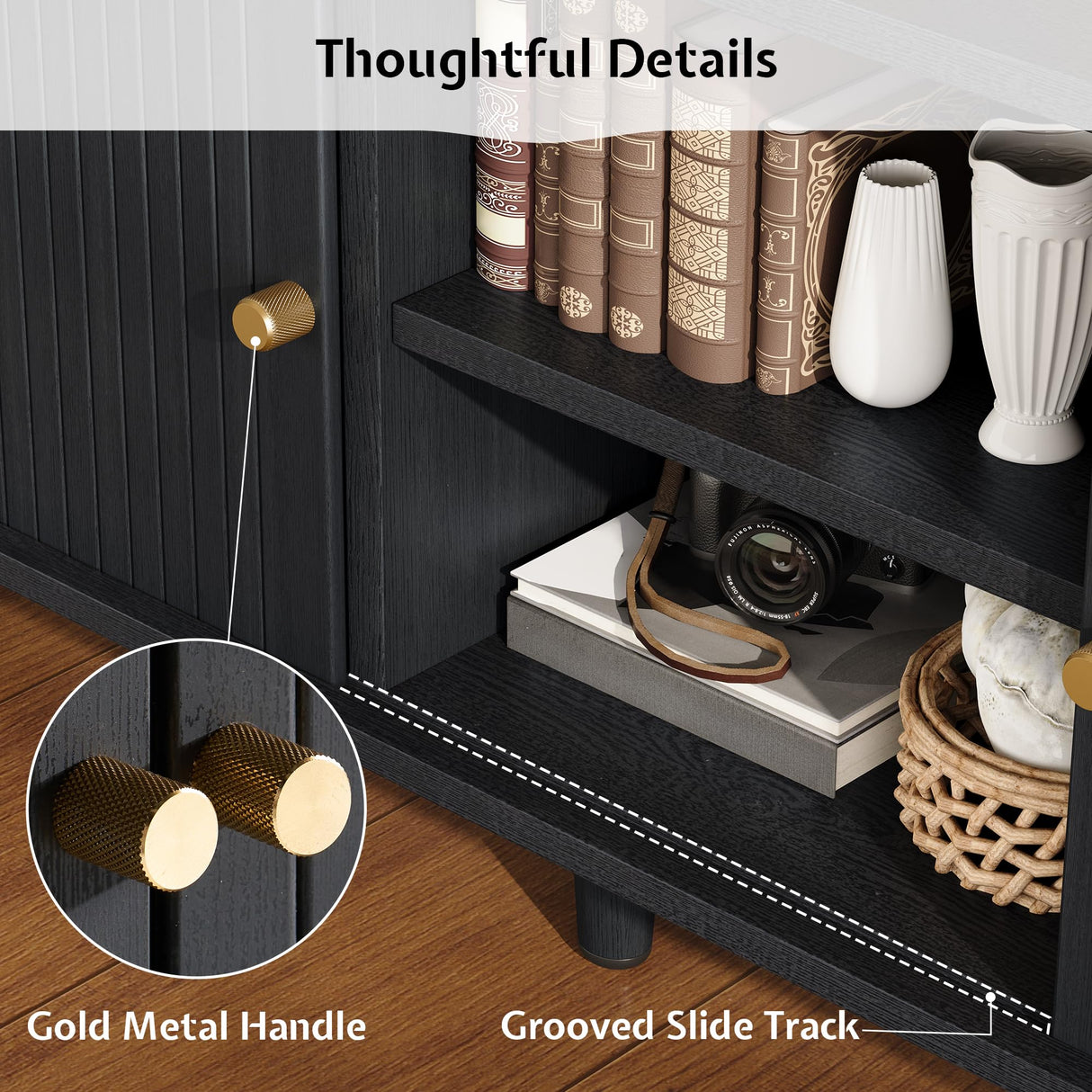 LUXOAK 70" Mid-Century Modern TV Stand with Tambour Door, TV Console with Solid Wood Legs for TVs up to 80", Fluted Entertainment Center with Storage for Living Room, Black LUXOAK