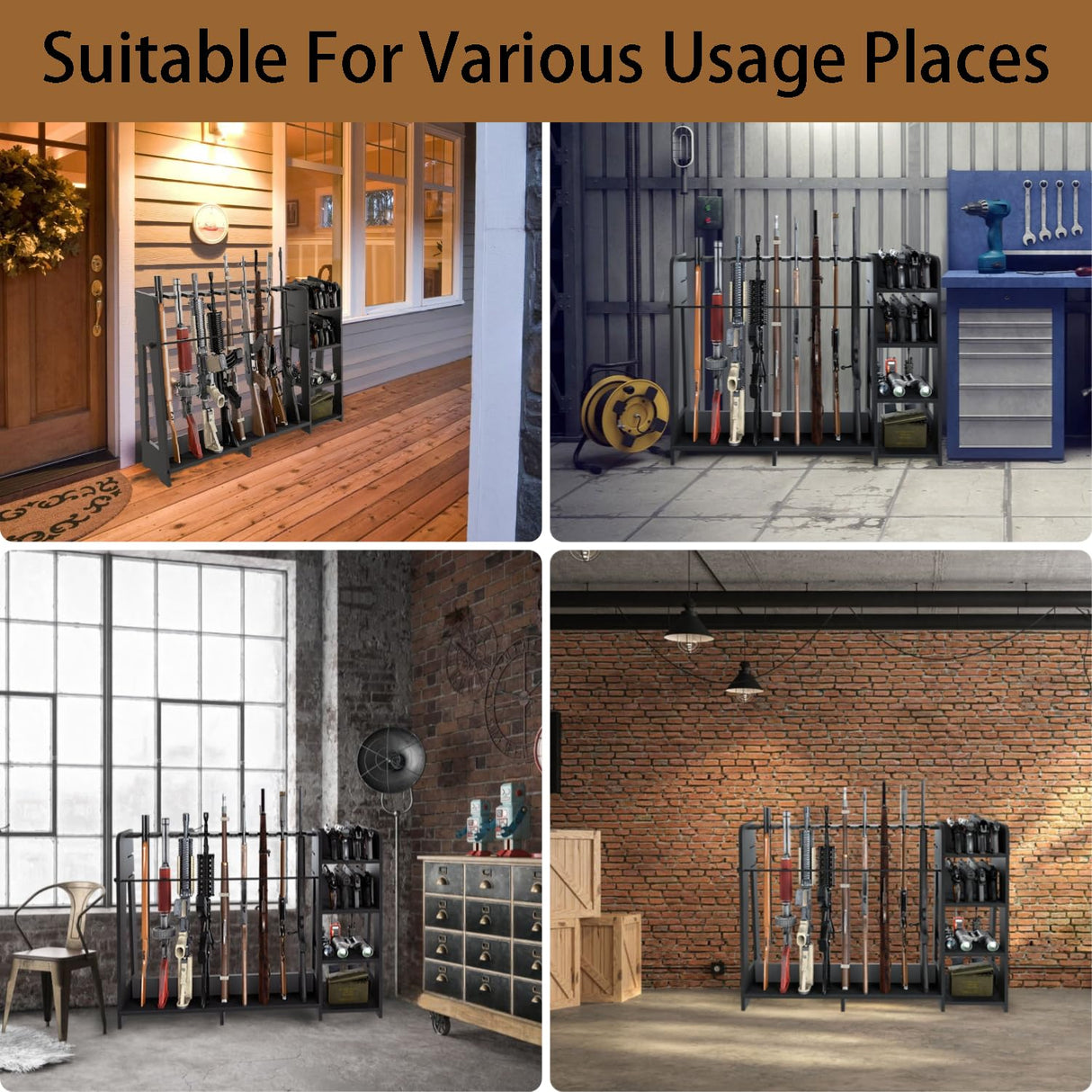 Prometis Gun Storage Racks - Freestanding Floor Wooden Rifle Rack with Pistol Shelves, 9+8 Slots Adjustable Height Storage Solutions and Gun Room Display Stand, Holds up to 9 Long Guns and 8 Handguns Prometis