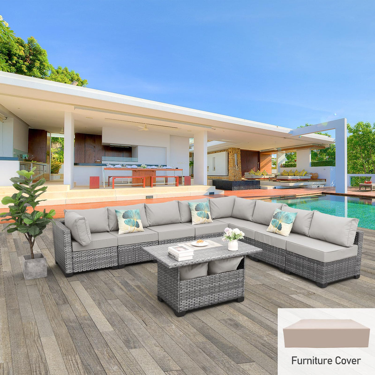 Rattaner 9-Piece Outdoor Sectional Wicker Furniture Set Patio Furniture Conversation Couch Set Large-size Storage Table with Thicken(5") Anti-slip Light Grey Cushions Furniture Cover Rattaner