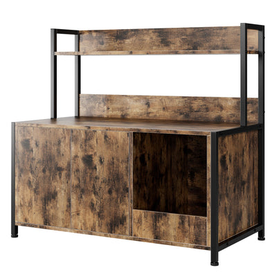 32.4” Cat Litter Box Furniture with Storage Shelves, Hidden Litter Box Enclosure and Double Doors, 2-in-1 Cat Washroom Cabinet with Scratching Pad, Wooden Pet Organizer for Home Décor