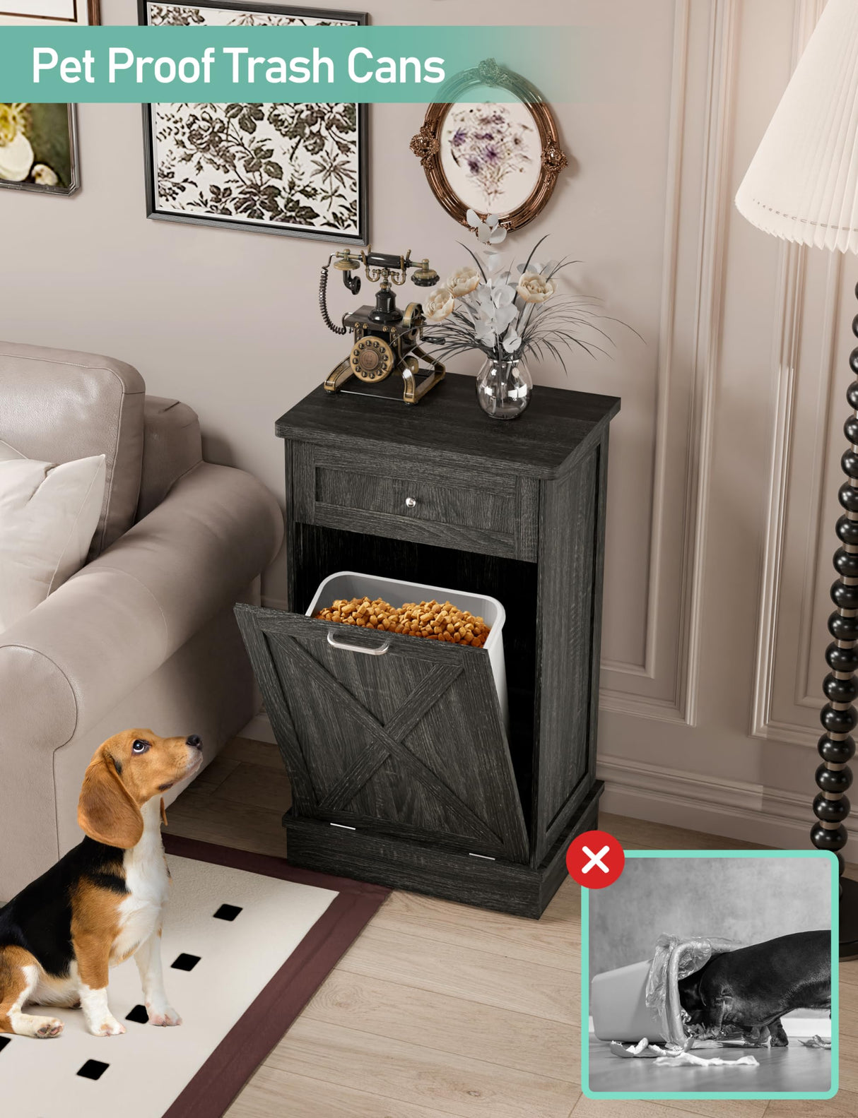 TOLEAD Tilt Out Trash Cabinet,Antique-Style Barn Door Kitchen Island with Solid Wood Tabletop & Drawer, Pet Proof Trash Can, Wood Laundry Cabinet(Oak Grey) TOLEAD