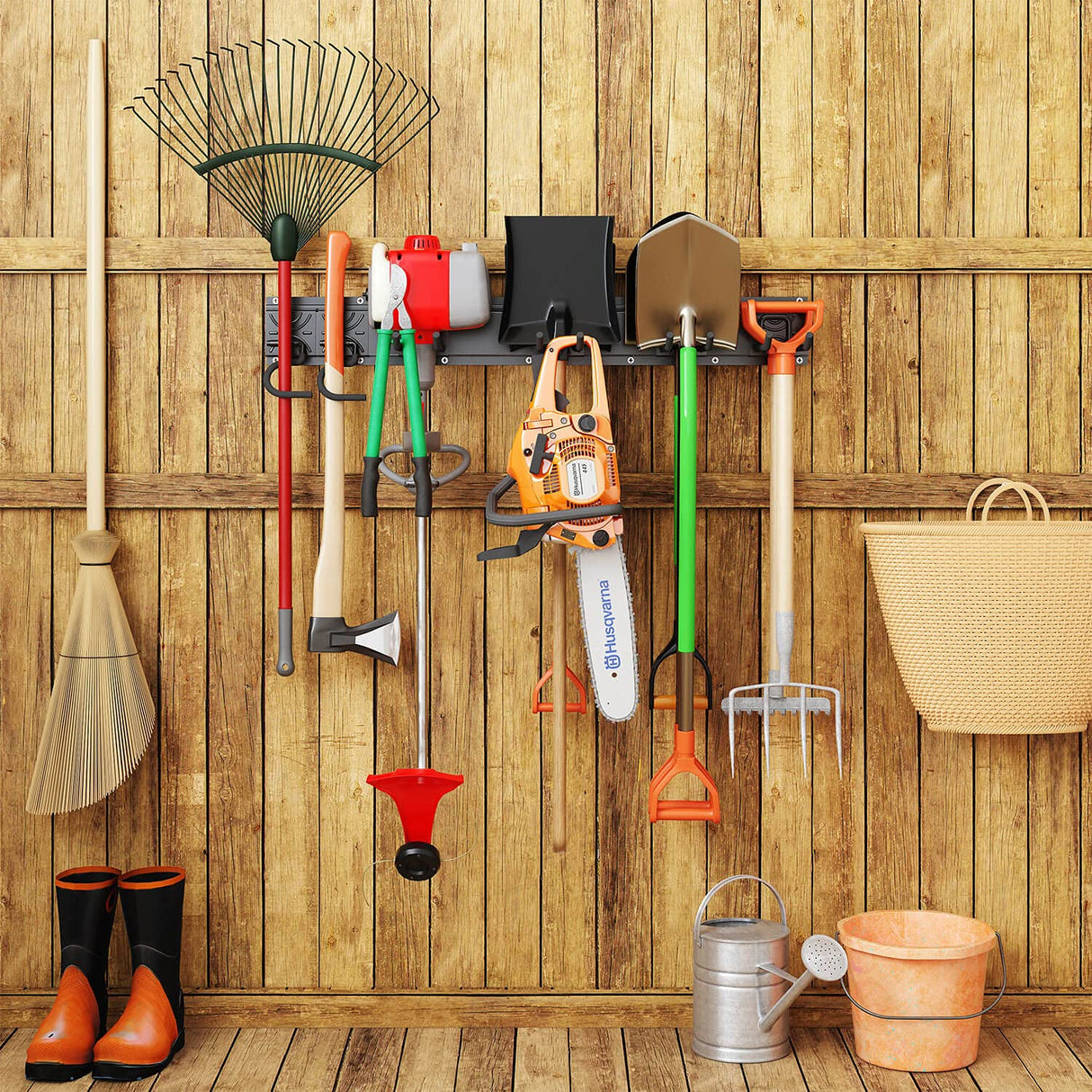 Godboat Garage Storage, 6 Hooks Garage Shelving, Garage Organization, Broom Holder Wall Mount, Garden Tool Organizer for Yard Tools & Water Hose, Cool Stuff for Fathers Day Dad Gifts, Max Load 550lbs Godboat