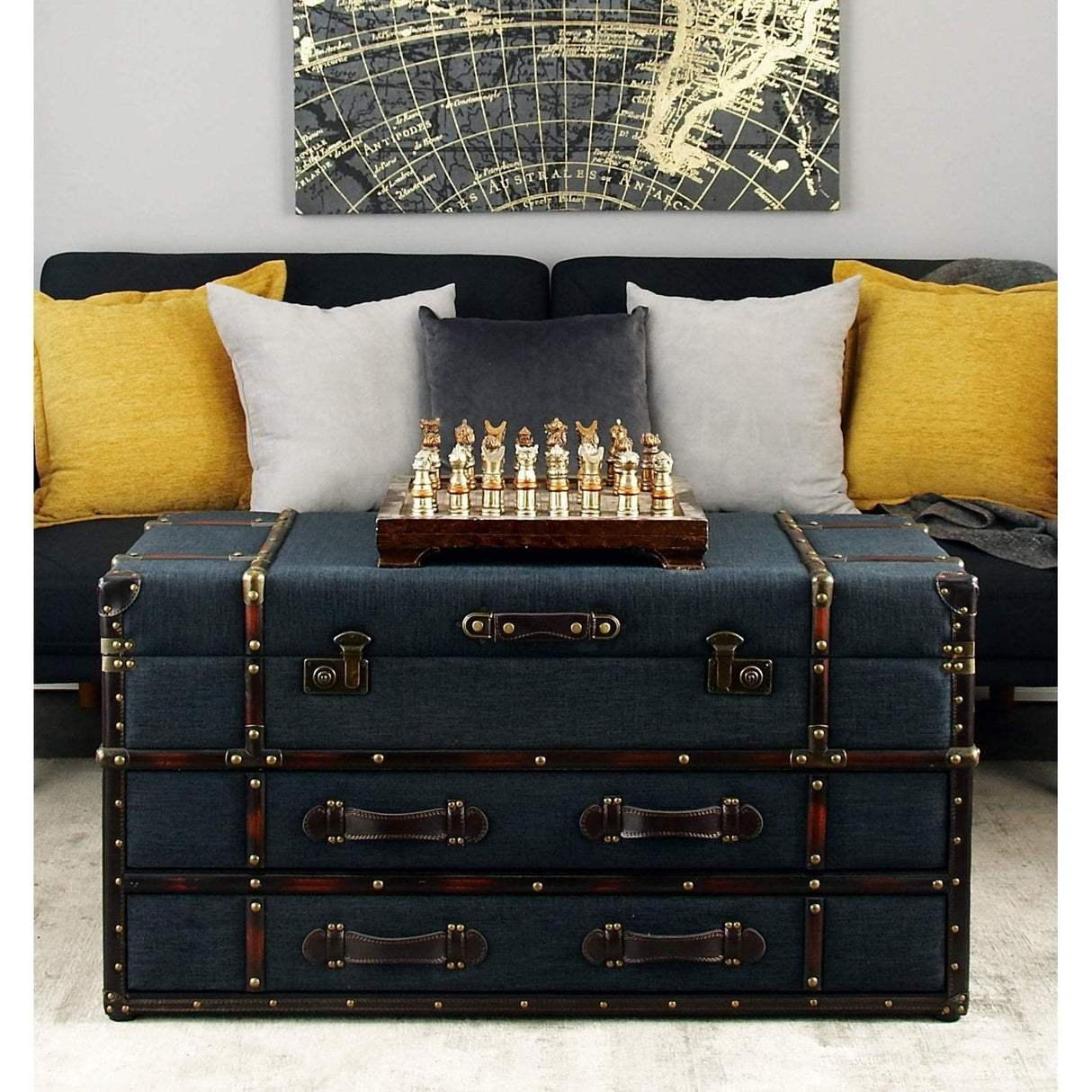 Traditional 21 X 40 Inch Wooden Trunk Style Coffee Table by Blue Rectangle Faux Leather Wood Finish WoodArtSupply