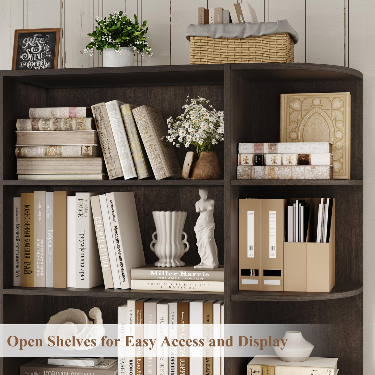 HOSTACK 75" Tall Book Shelf and Bookcase, 6 Tier Bookshelf with Storage, 47" Wide Bookcase with Doors, Freestanding Wood Display Shelves with Book Storage Cabinet for Home Office, Dark Brown HOSTACK