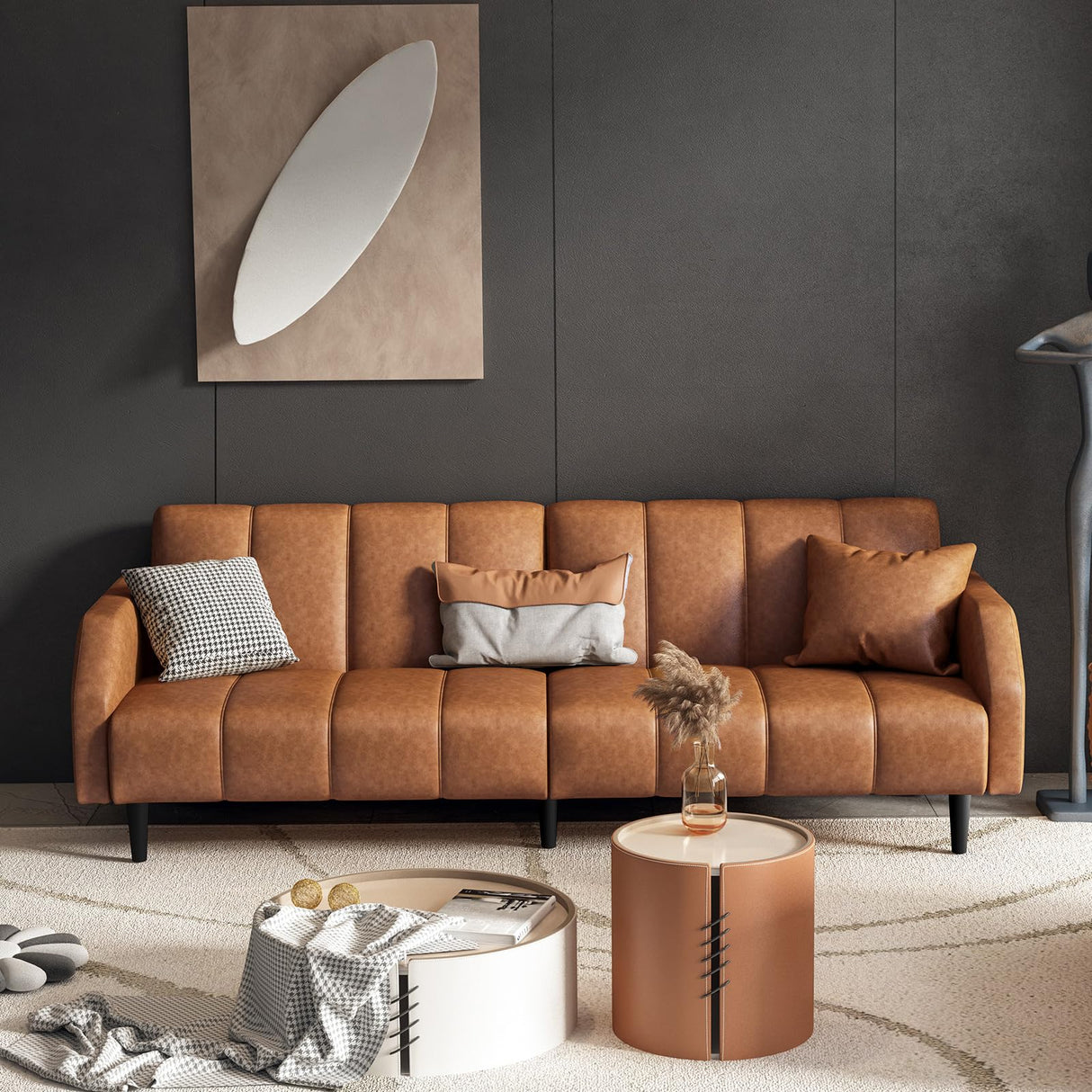 Fadware 78” Faux Leather Couch, Convertible Futon Sofa Bed with Adjustable Backrest, Mid Century Leather Sofa Loveseat with Side Pockets& Metal Leg, Modern Leather Sleeper Sofa for Living Room Bedroom Fadware