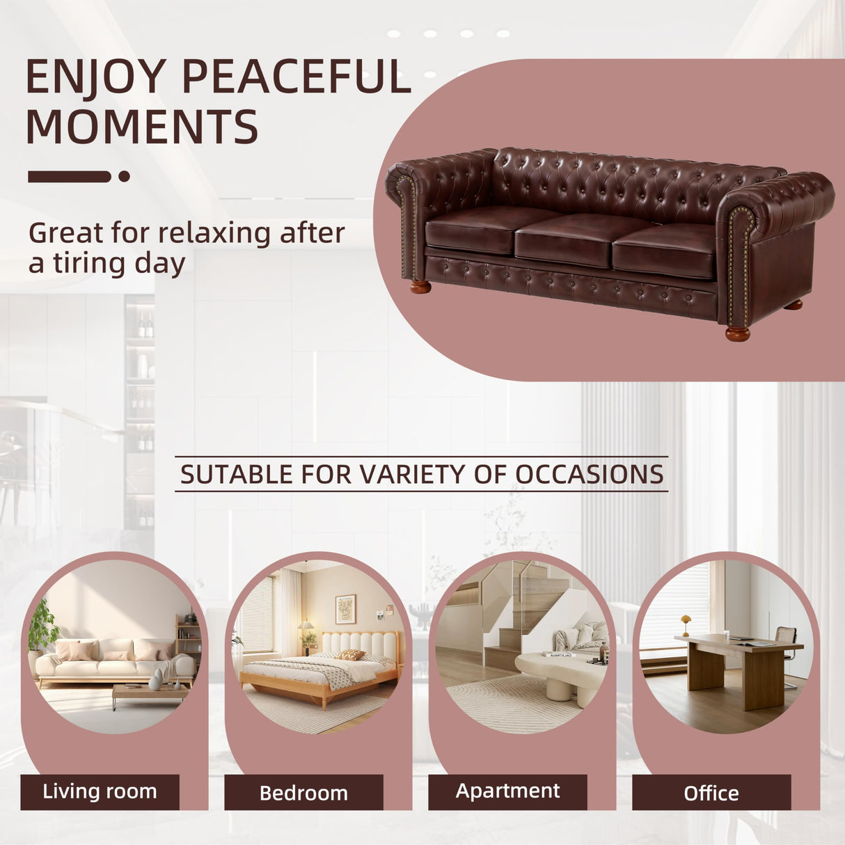 N NOORDENIYA Chesterfield Leather Sofa, 89" Mid Century Modern Couch with Low Back, Roll Arm Nailhead Trim Classic 3 Seater Couch for Living Room, Office, Apartment, PU Burgundy N NOORDENIYA