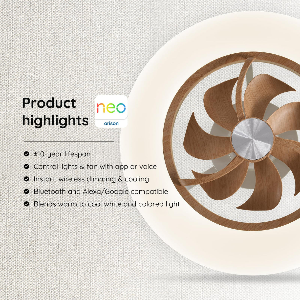 Orison Ceiling Fans with Lights and Remote- 22.4 in Smart Low Profile Bladeless Ceiling Fans with Alexa/Google Assistant/App Control 6 Speed Color Changing Ceiling Fan LED-RGB Back Ambient Light Orison