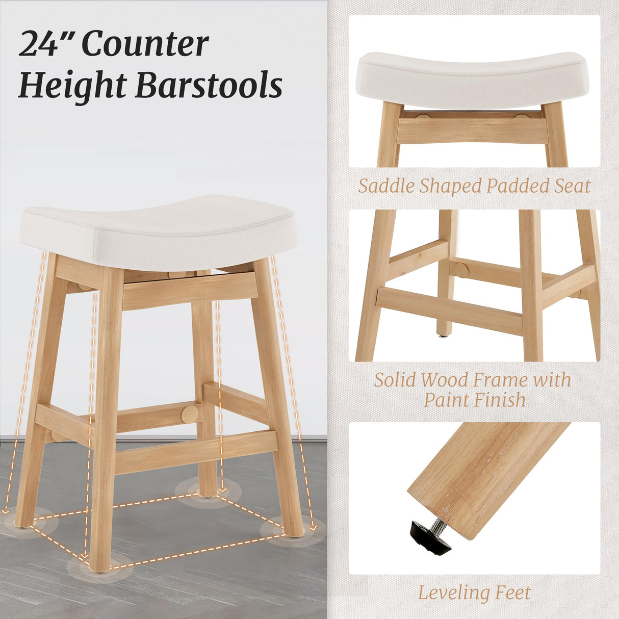 Cozyman Bar Stools Set of 3, Barstools with Sturdy Wood Legs, Saddle Seat Counter Height Bar Stools for Kitchen Counter, Bar, Dining, 24 Inch Farmhouse Counter Stools, Beige Fabric Cozyman