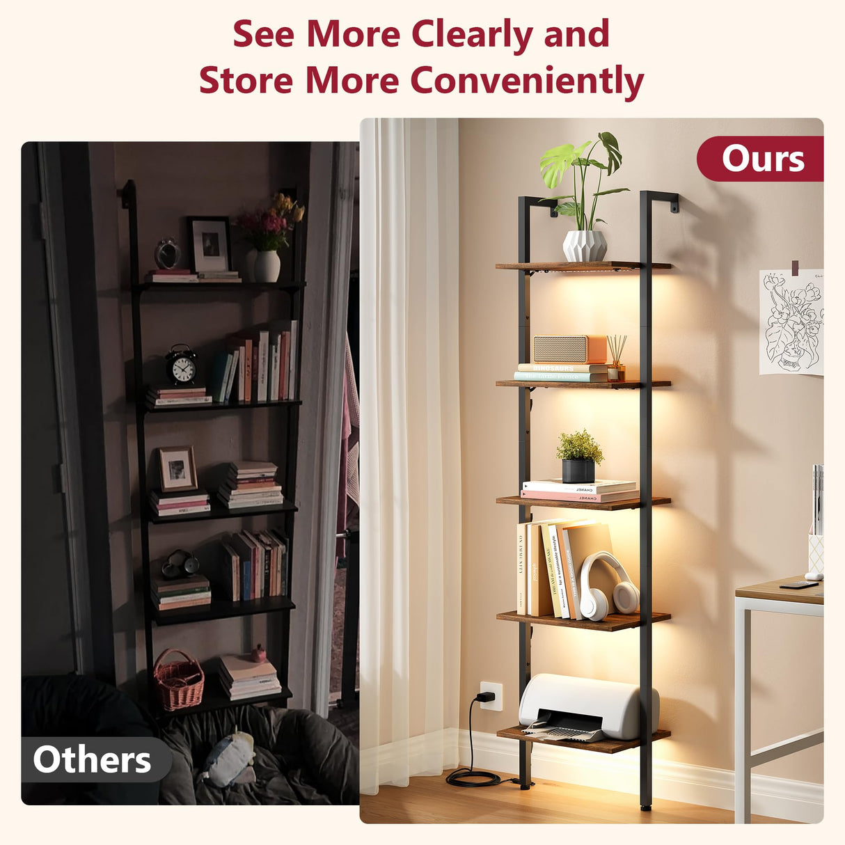 Tajsoon 5-Tier Ladder Shelf with LED Light, Wall Mounted Ladder Bookshelf with Metal Frame, Wall Ladder Bookshelf for Living Room, Bedroom, Office, Rustic Brown Tajsoon