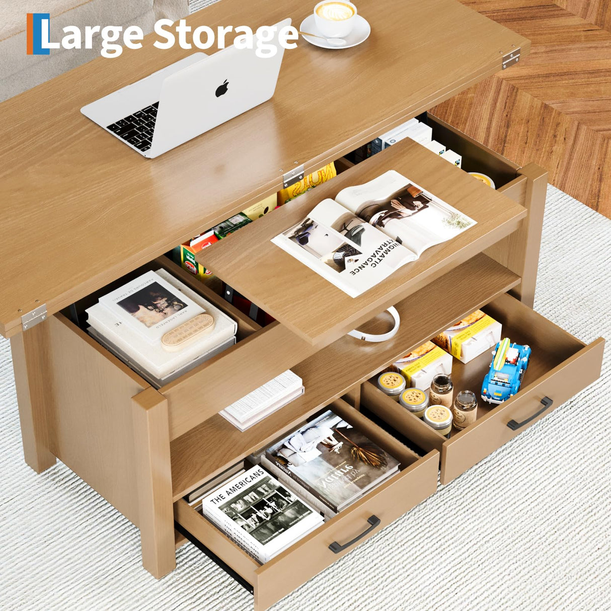 Garvee 40" Coffee Table Lift Top, Multi-Function Convertible Coffee Table with Drawers and Hidden Compartment, Converts to Dining Table for Living Room, Raw Wood Garvee