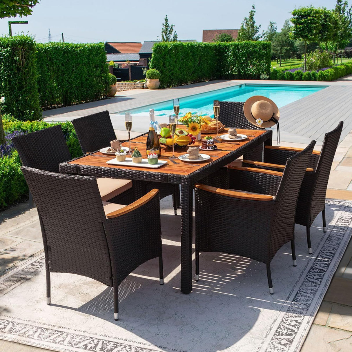 Devoko Dining 7 PCS Furniture, Patio Conversation Set with Acacia Wood Table Top, Rattan Outdoor, Black Devoko