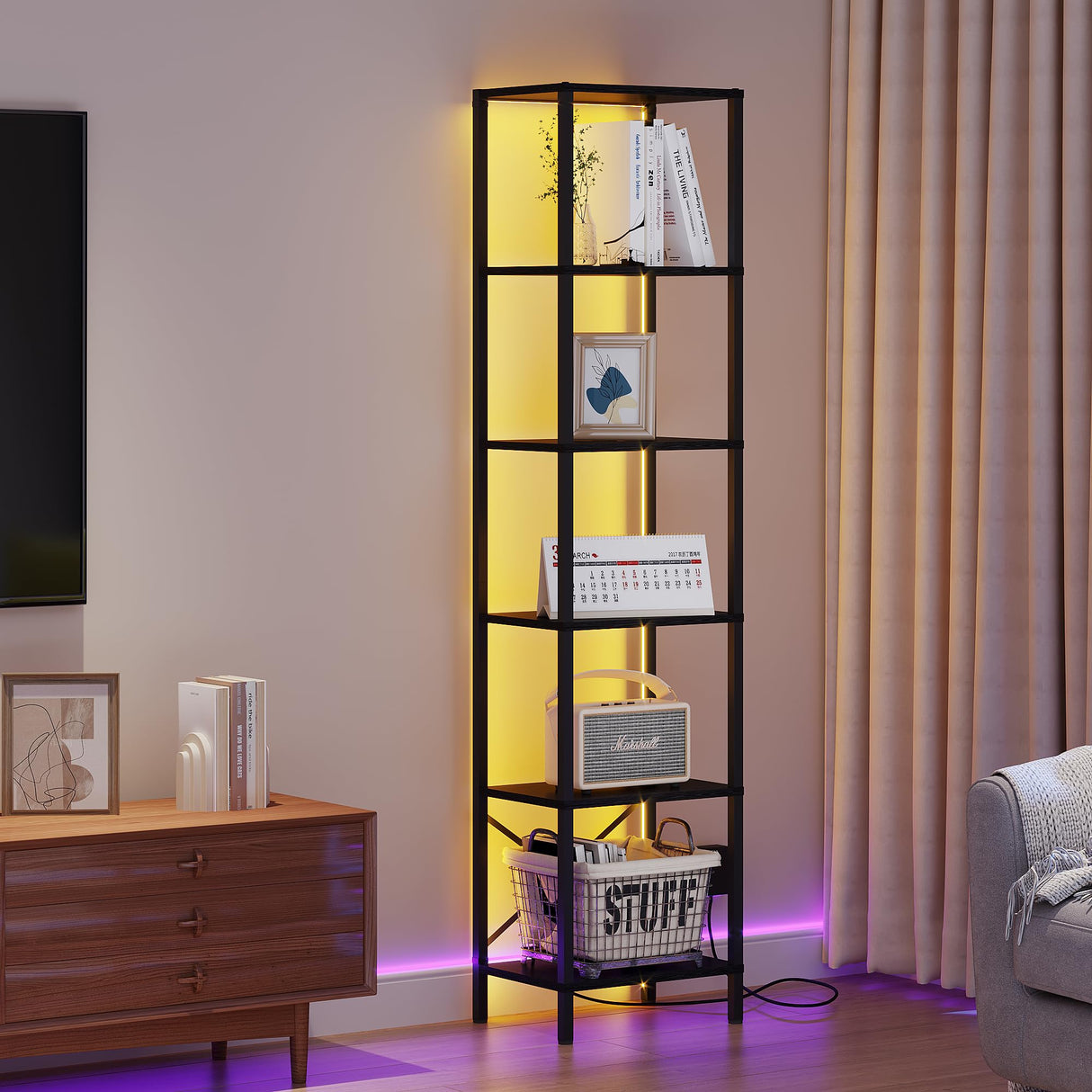 JARHETUN 6-Tier LED Bookshelf - Tall Narrow Bookcase with Steel Frame in Black JARHETUN