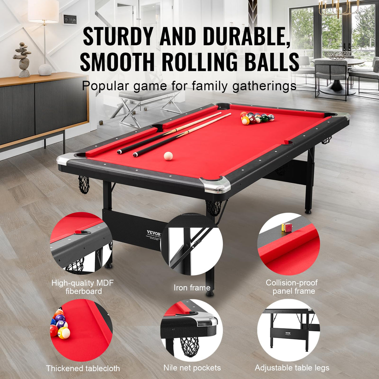 VEVOR Billiards Table, 7 ft Pool Table, Portable Foldable Space-Saving Table, Billiard Table Set Includes Balls, Cues, Chalks and Brush, Black with Red Cloth, Perfect for Family Game Room Kids Adults VEVOR