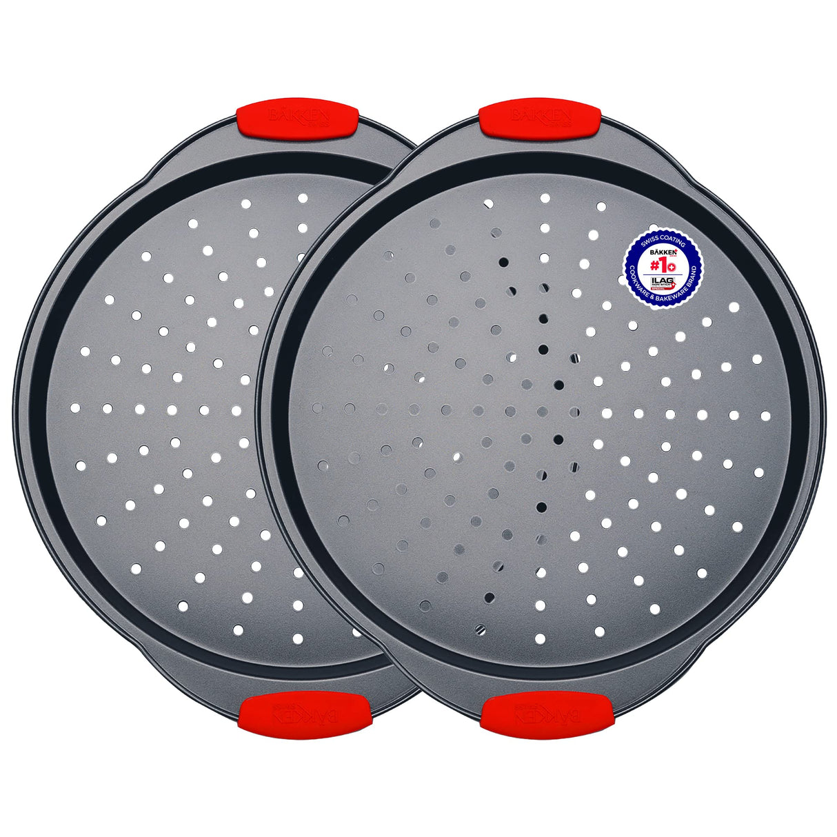 Pizza Tray – 2 Round with Silicone Handles – Carbon Steel Pizza Pan with Holes and Non-Stick Coating – PFOA PFOS and PTFE Free by Bakken BAKKENMASTER