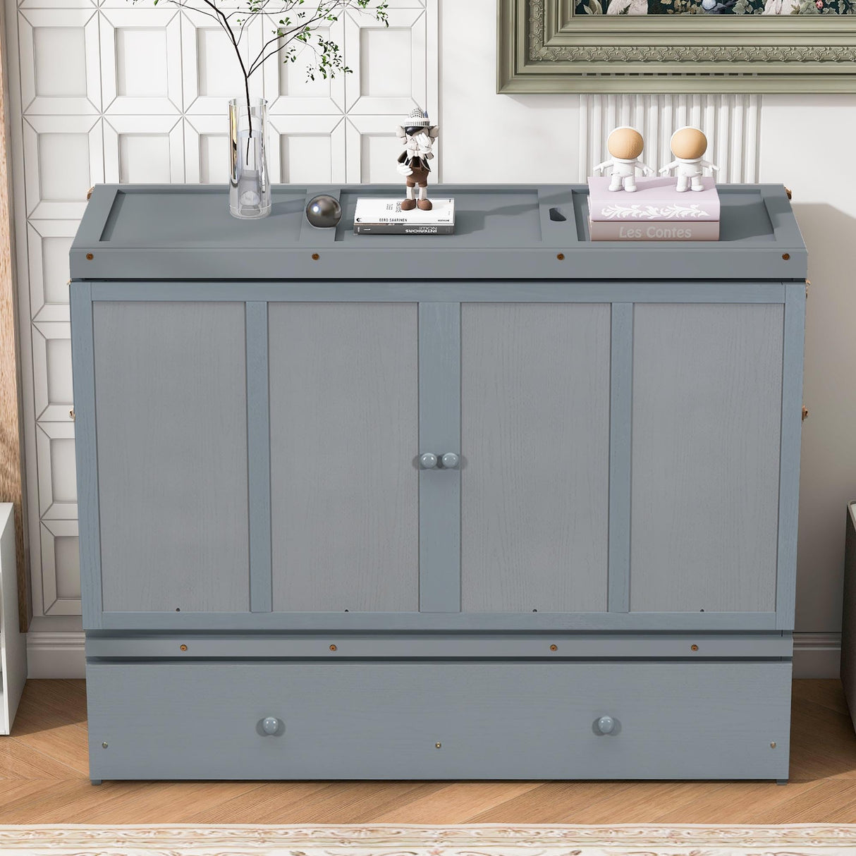 Merax Queen Murphy Bed Cabinet with Storage Drawers, Chest Cube Bed for Guest Room, Built-in Sockets & USB Ports, for Home Office or Small Bedroom, Grey Merax