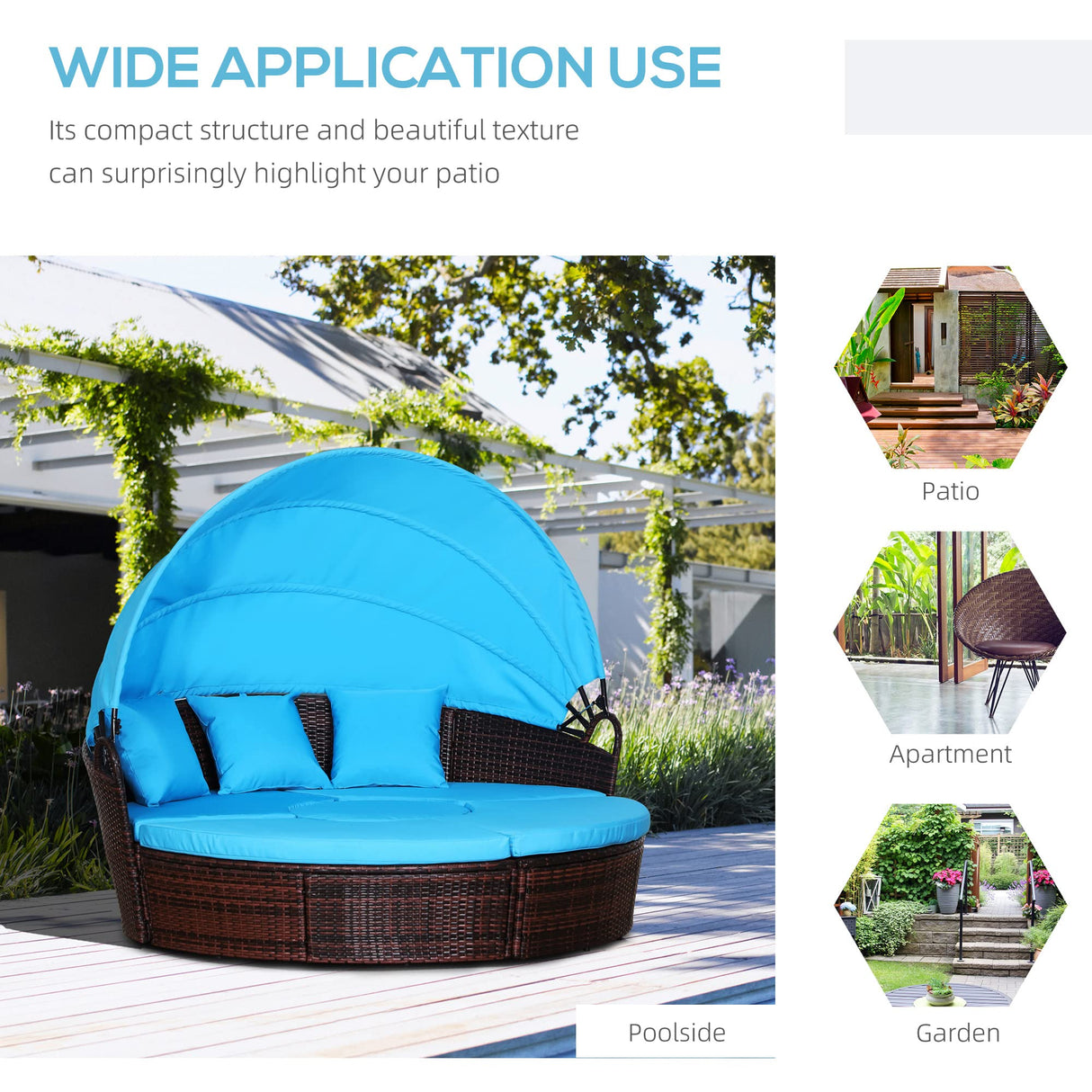 Outsunny 4-Piece Round Convertible Daybed with Cushions, Outdoor PE Rattan Patio Wicker Sofa Set, Sunbed with Adjustable Sun Canopy, Sectional Sofa, 2 Chairs, Table, 3 Pillows, Light Blue Outsunny