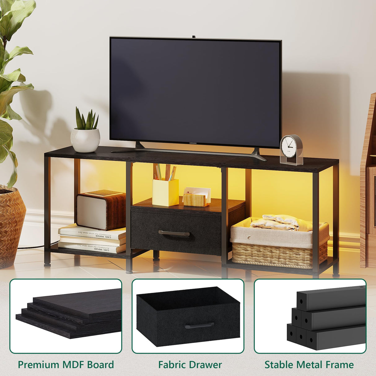 JARHETUN TV Stand with LED Lights, Entertainment Center with Open Shelves and Fabric Drawer, Media Console for 55 Inch TV, Television Stands for Living Room, Bedroom, Black JARHETUN