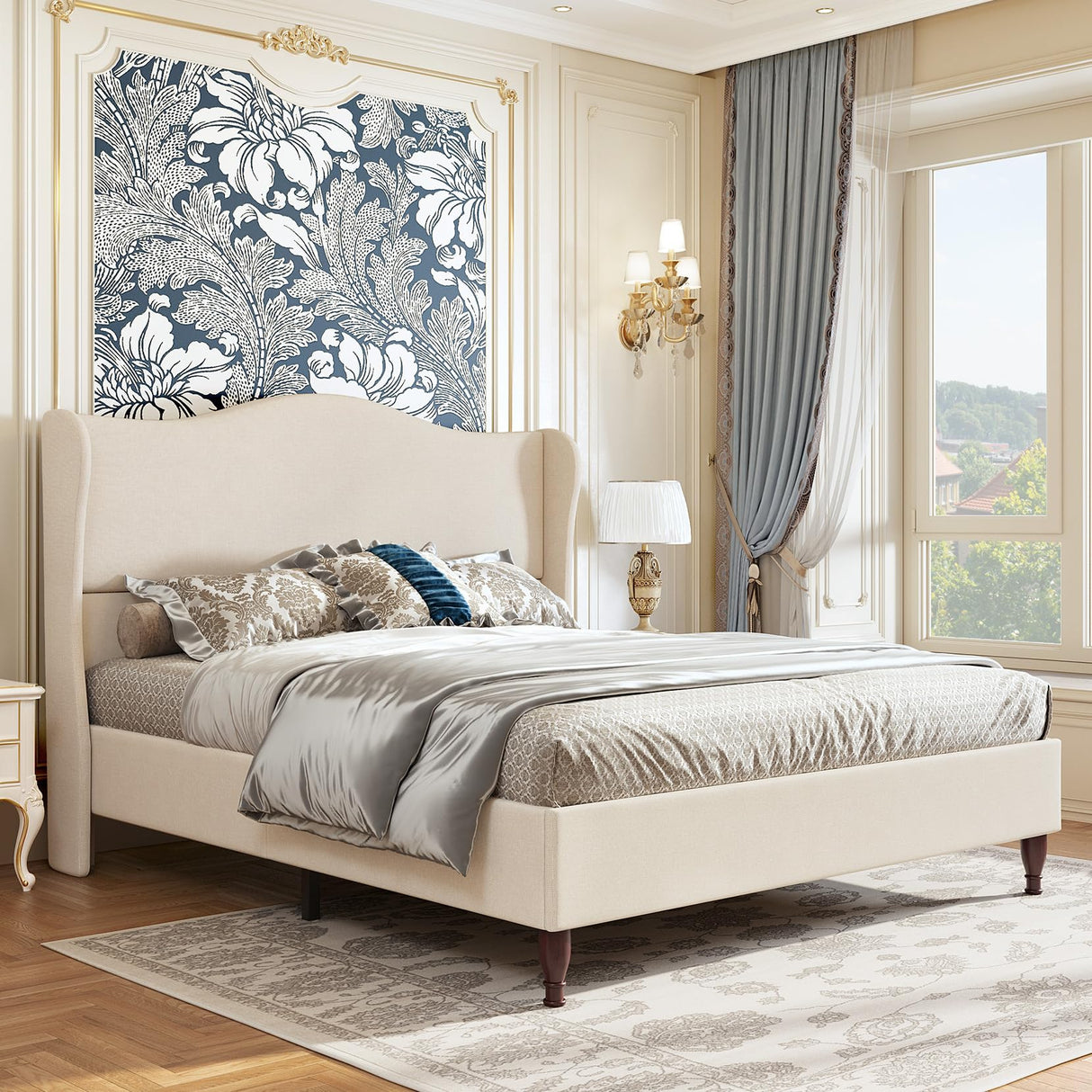 Koorlian King Size Upholstered Platform Bed with 51" Wingback Headboard - Retro Beige Design, No Box Spring Needed koorlian