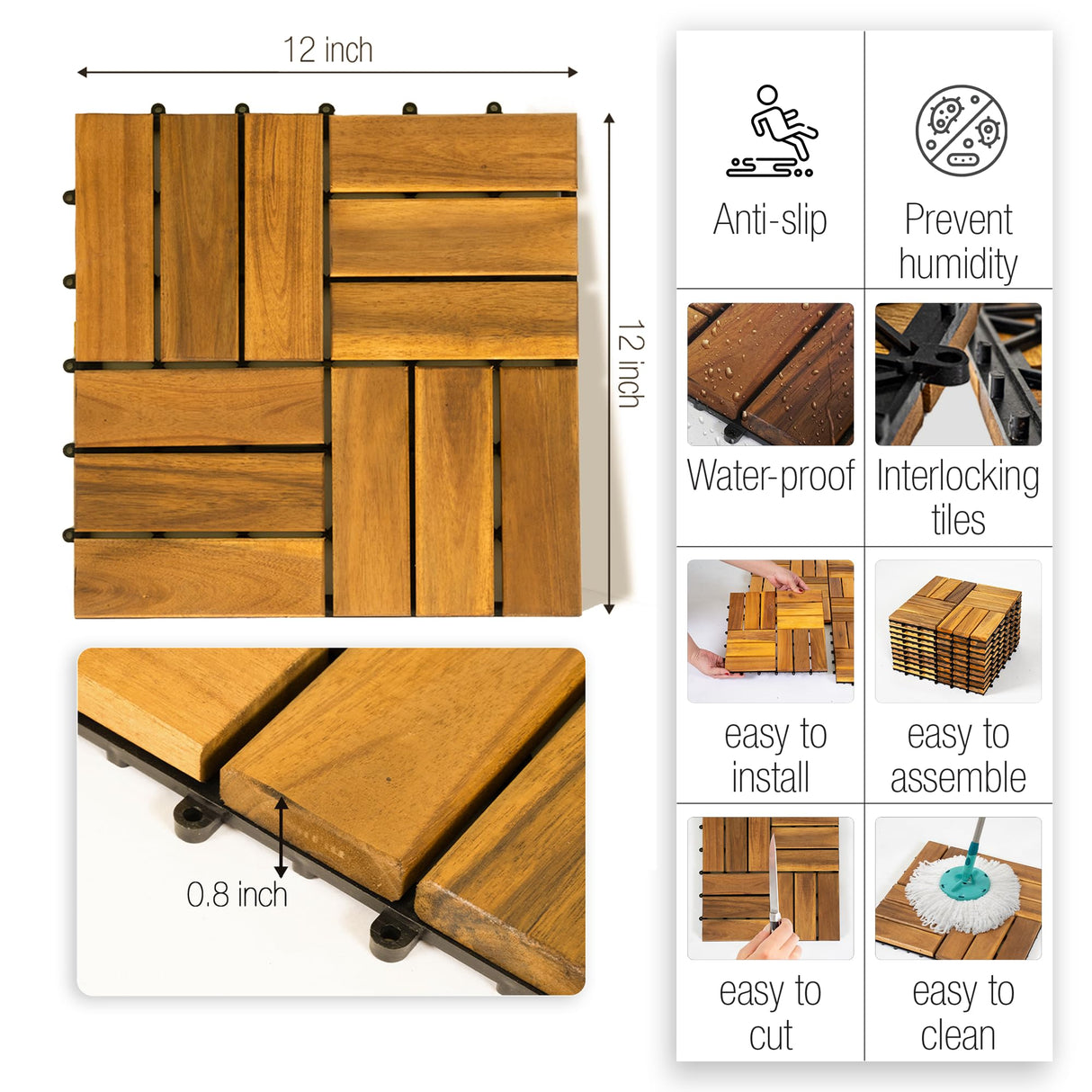 AN68 Pack of 10 Deck Tiles - 12"x12" Interlocking Natural Solid Acacia Wood for Outdoor & Indoor, Patio Garden, Balcony, Poolside - Golden Teak Color AN68