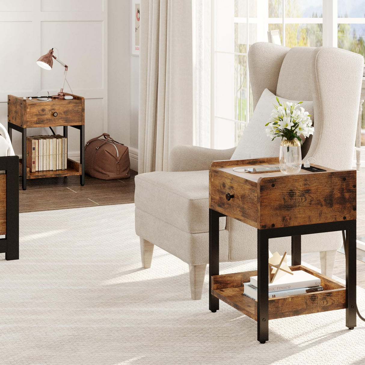 LIKIMIO Nightstand, Set of 2 Bedside Table with Charging Station, Small End Table with Storage Drawer and Shelf for Bedroom and Living Room, Easy Assembly, Stable and Sturdy, Vintage Brown LIKIMIO