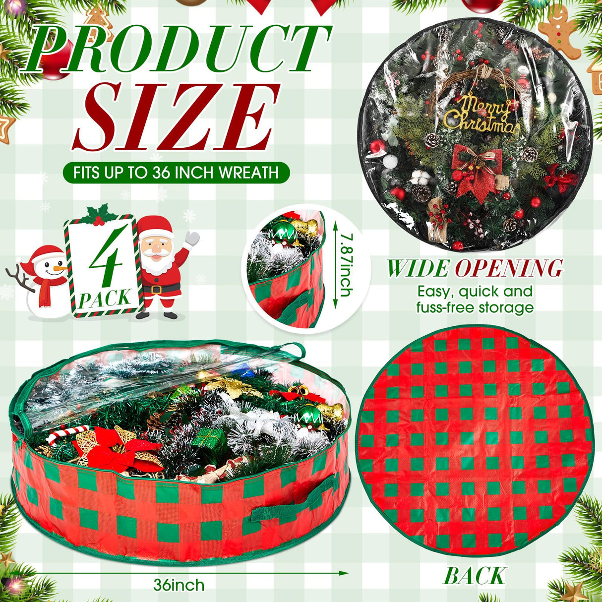 Aliceset 4 Pack Wreath Storage Containers, Storage Bags with Window and Handles, Durable Decoration Box Holder for Holiday(36 x 36 x 7.8 Inch,Red Green Plaid) Aliceset