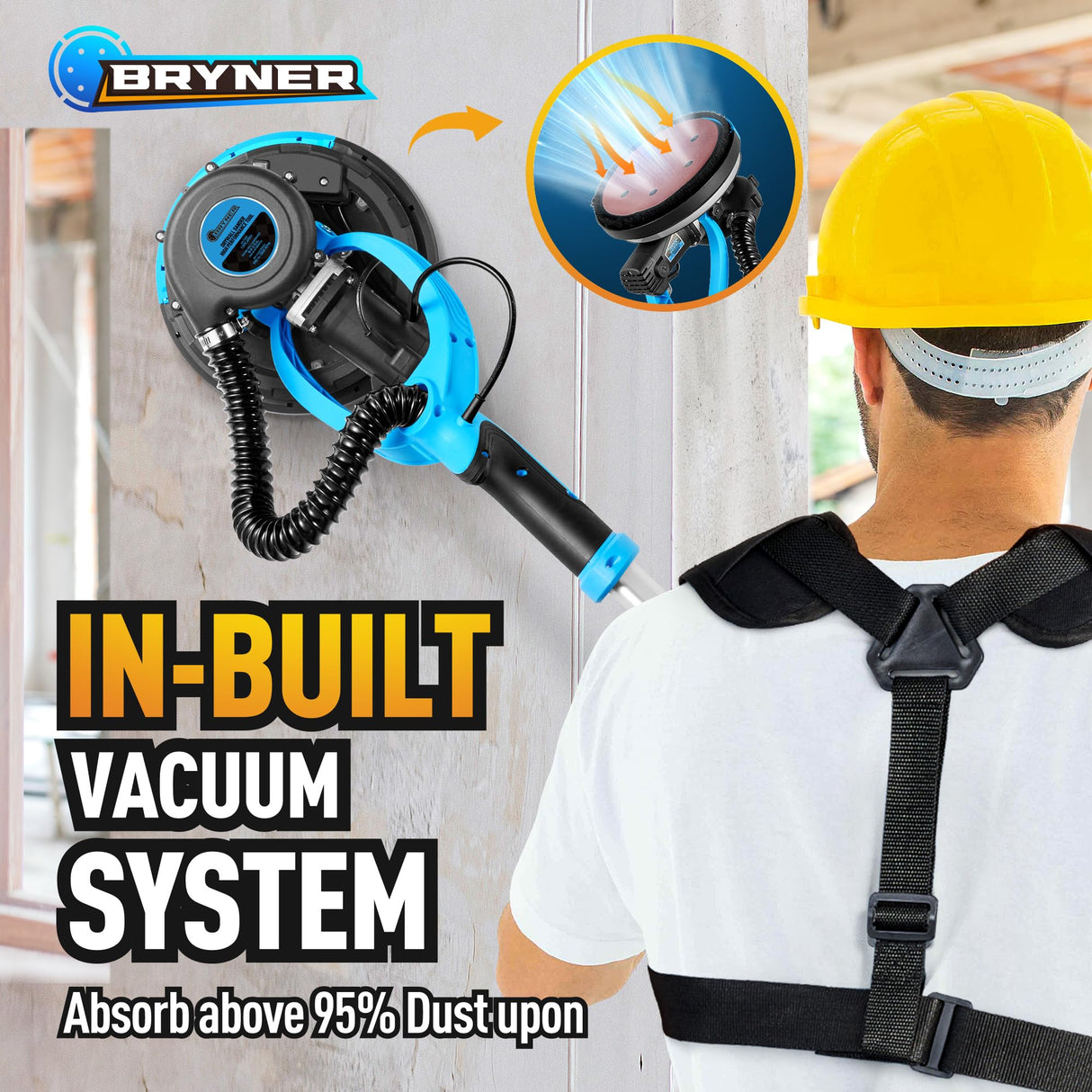 Drywall Sander, ππππ ππ©π π«ππππ Electric Drywall Sander with Vacuum Labor-Saving Back BeltοΌ7 Variable Speed, LED Light, 900-1800RPM for Popcorn Ceiling, Wood Floor Bryner