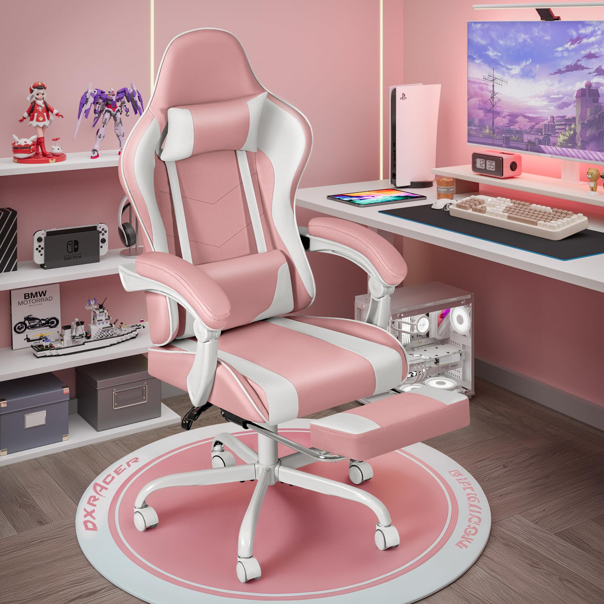 Shahoo Gaming Chair with Footrest and Massage Lumbar Support, Video Racing Seat Height Adjustable with 360°Swivel and Headrest for Office or Bedroom, Pink Shahoo