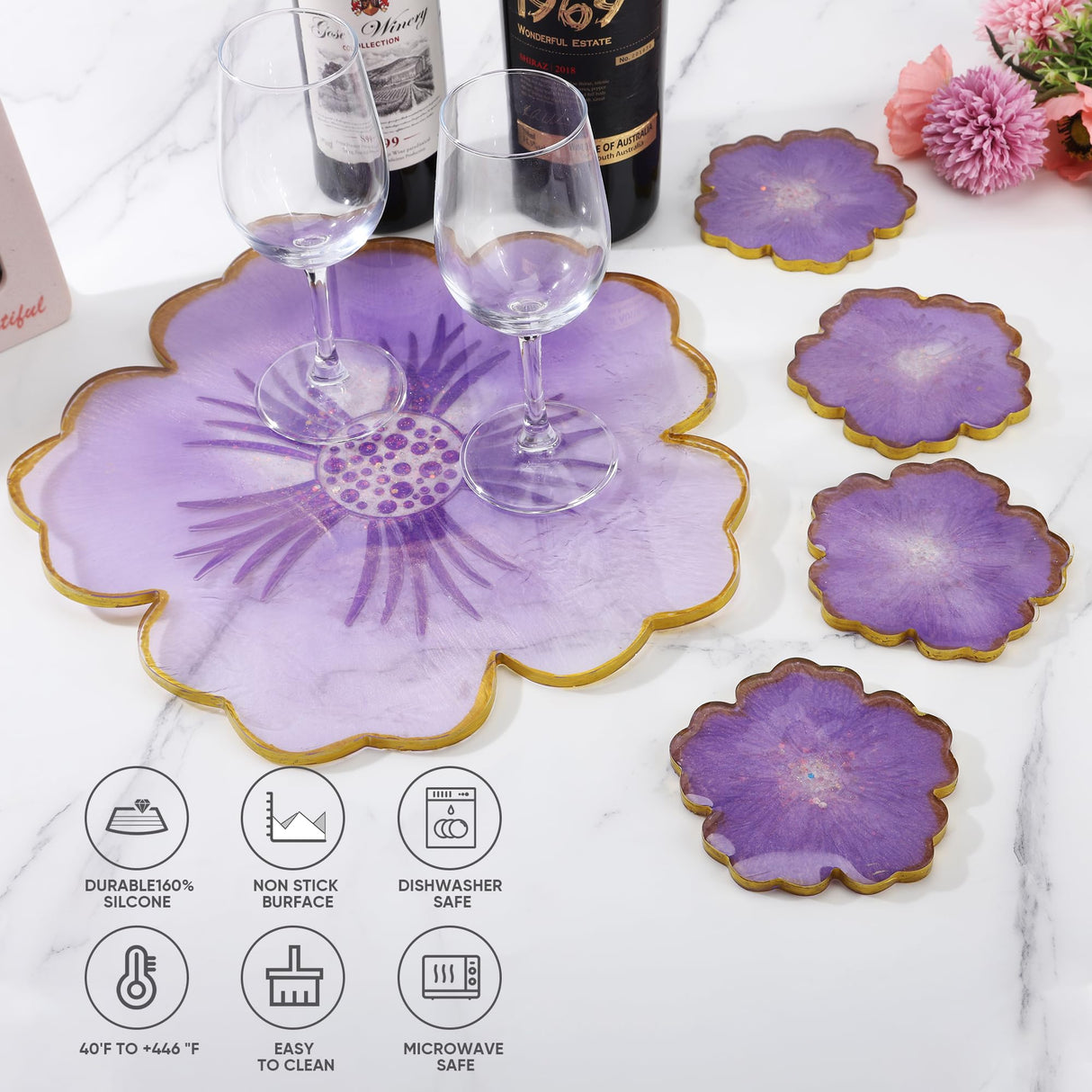 1PCS Large Resin Tray Mold and 5PCS Coaster Molds for Resin Casting Large Flower Silicone molds for Resin Tray Casting Flower Shape Epoxy Resin Casting Molds for DIY, Home Decoration AOEDEO