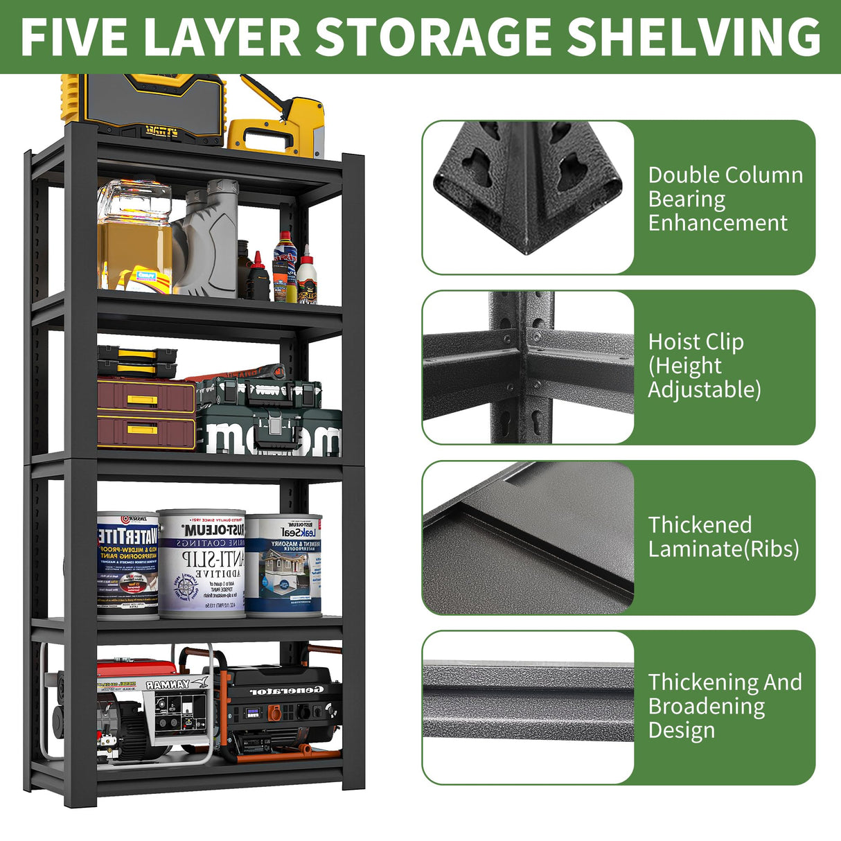 VIYET Garage Shelves,72" H Garage Shelving Heavy Duty, 2500Lbs 5 Tier Adjustable Garage Storage Shelves Suitable for Warehouse, Basement, Workshop, Kitchen, Require Assembly, 16" D*36" W*72" H, Black VIYET