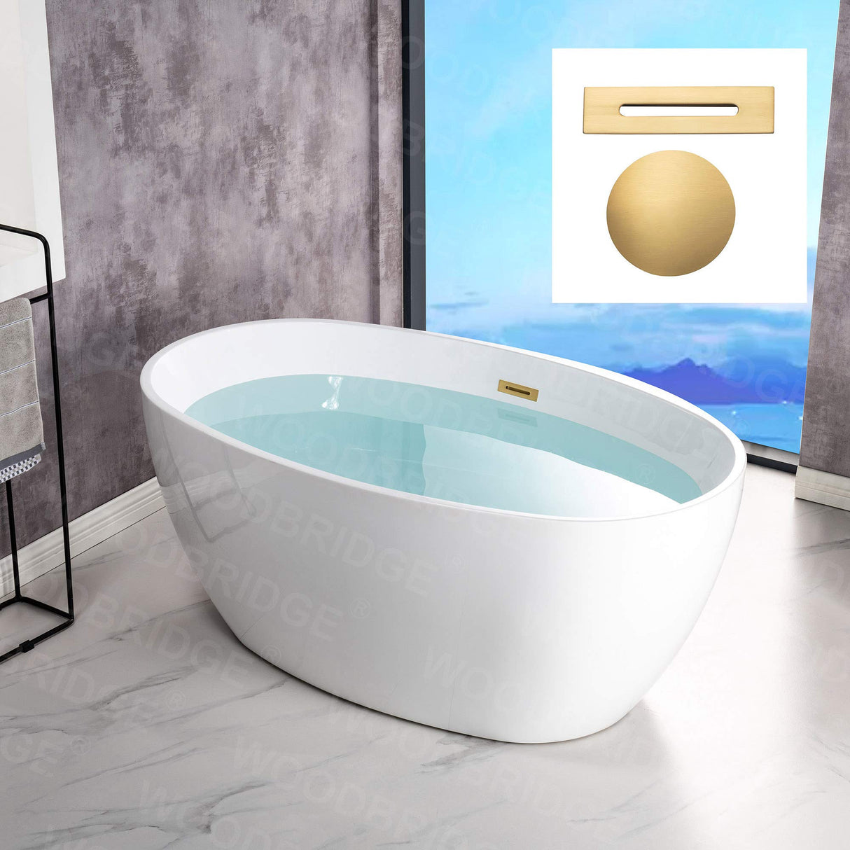 WOODBRIDGE 55" Acrylic Freestanding Bathtub Contemporary Soaking White Tub with Brushed Gold Overflow and Drain,B1418-BG WOODBRIDGE