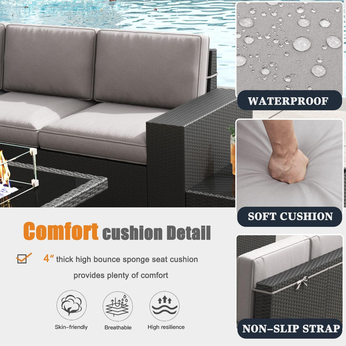 KHOLH Patio Furniture Set with Fire Pit Table, 7 Pieces Outdoor All-Weather Wicker Conversation Sectional Chair Sofa Set KHOLH