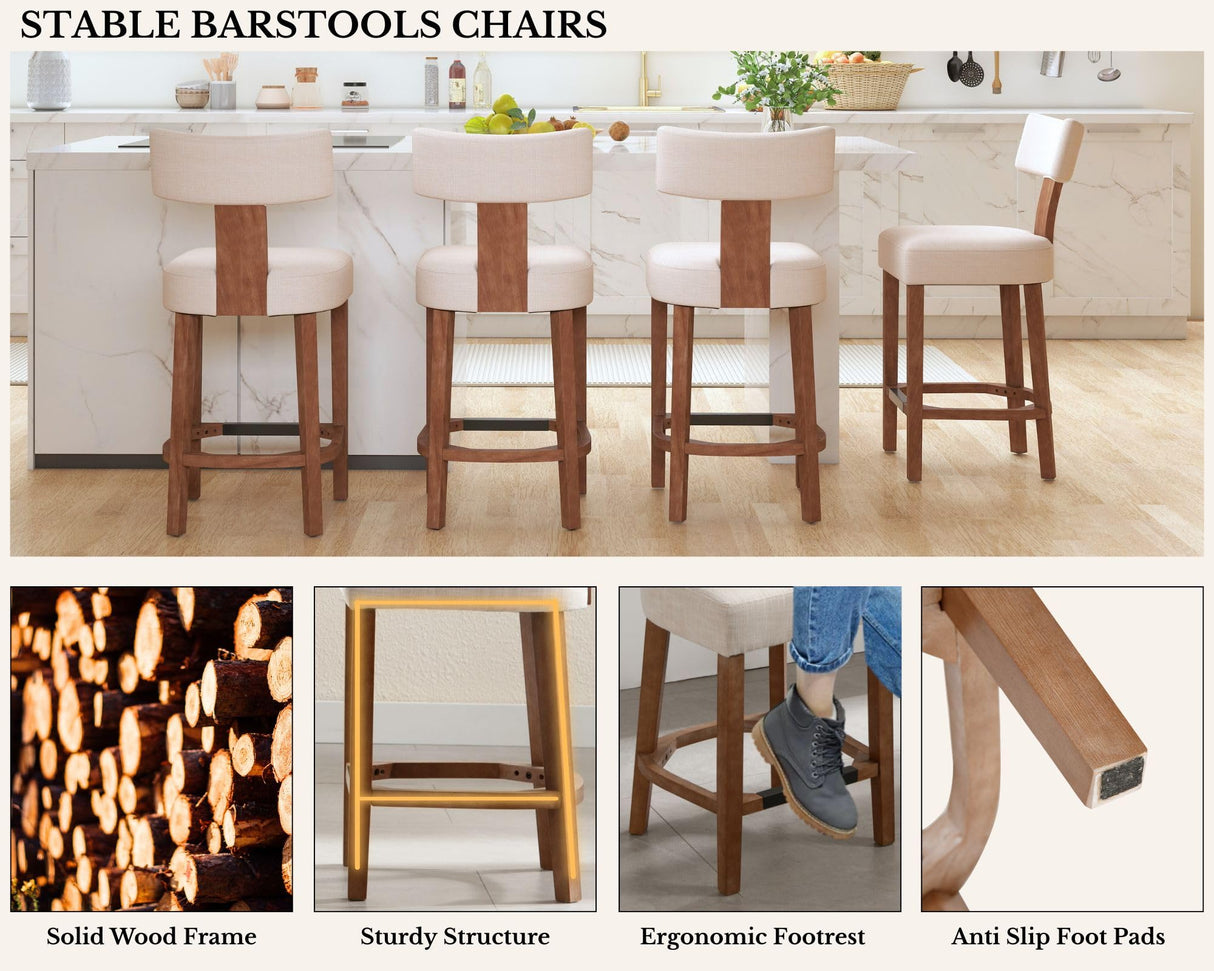 26’’ Farmhouse Bar Stools Set of 4, Linen Upholstered Counter Height Barstools with Back Modern Counter Stools Wood Barstools with Hardwood Frame, Bar Height Chairs for Kitchen Counter Island, Beige LIVINOVA