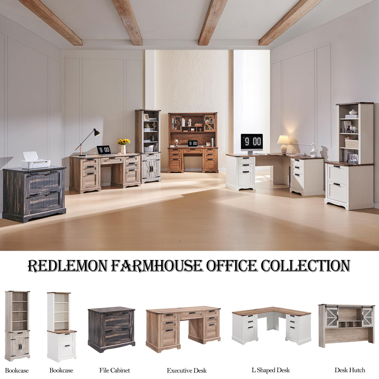 RedLemon 60" Farmhouse L Shaped Desk with Hutch, Wood Home Office Executive Desk with Drawer, Charging Station, File Drawer, Storage Cabinet, Rustic Writing Computer Desk (Light Rustic Oak) RedLemon