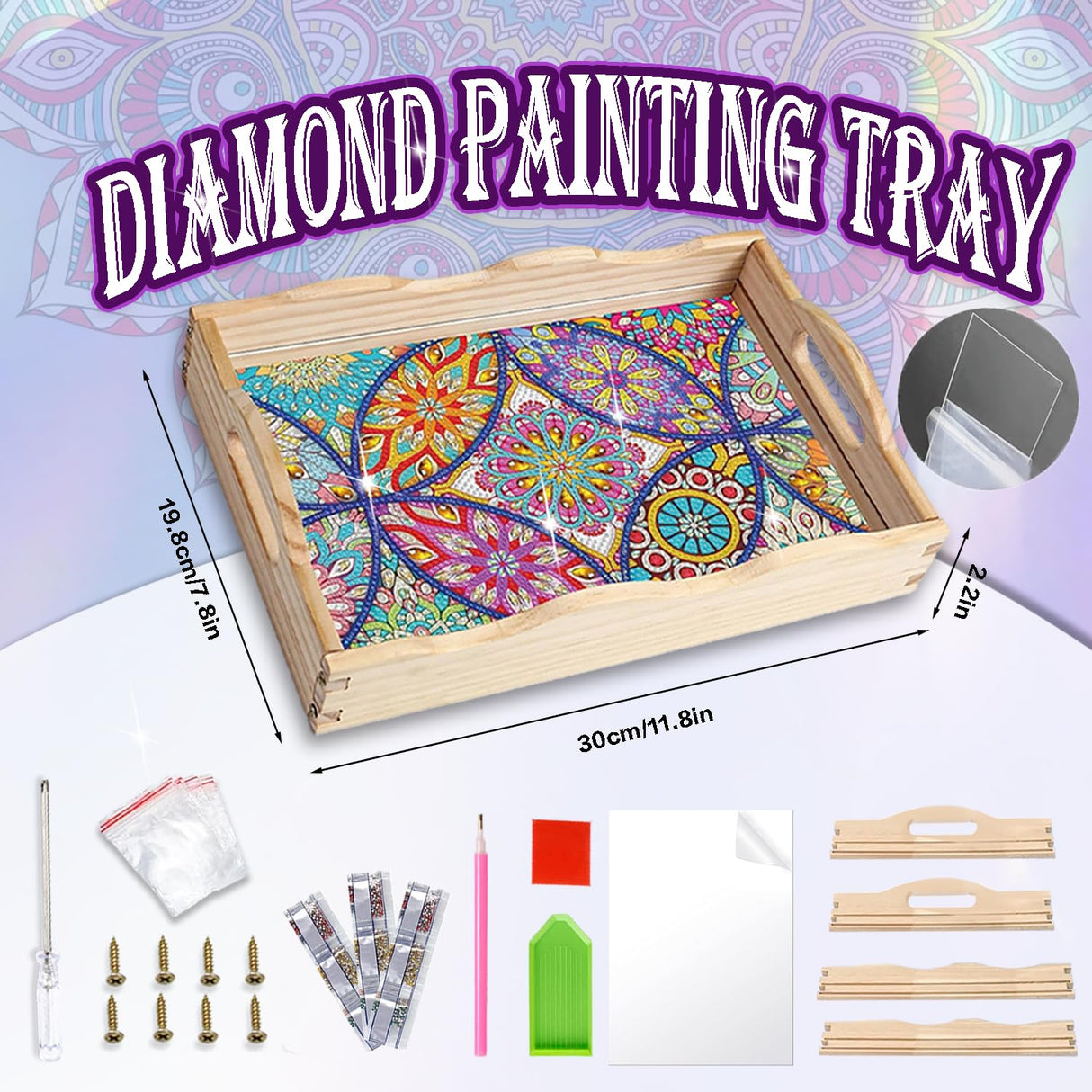 EWJRNSF Diamond Art Kits for Adults Wooden Serving Trays with Handles, 5D Diamond Painting Big Gem Arts and Craft Gifts Trays Decor Gift Home Decor 7.8x11.8 Inches Mandala A EWJRNSF