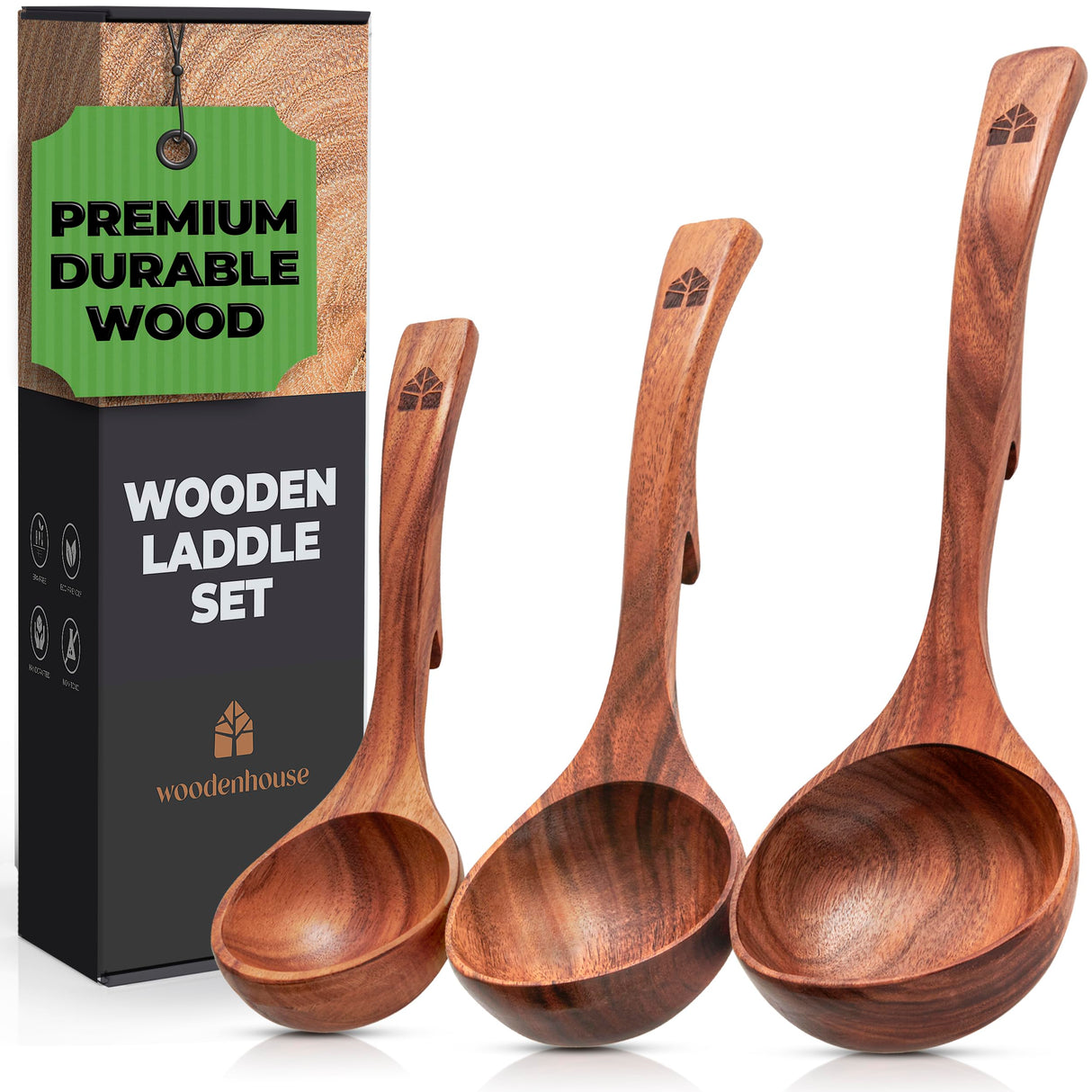 Wooden Ladle Spoon Set, 3 Size Teak Wood Kitchen Serving Spoon with Back Hooks for Pot & Bowl, Non-Stick Wooden Spoon Set for Cooking, Serving and Stirring WOODENHOUSE LIFELONG QUALITY