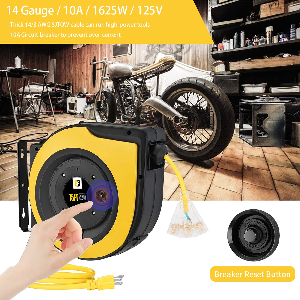 EP Retractable Extension Cord Reel,75 Feet 14 AWG/3C SJTOW Heavy Duty Power Cord,10 AMP Circuit Breaker, 3-Lighted Triple Outlets,Ceiling or Wall Mount Use Indoor/Outdoor, Yellow EP
