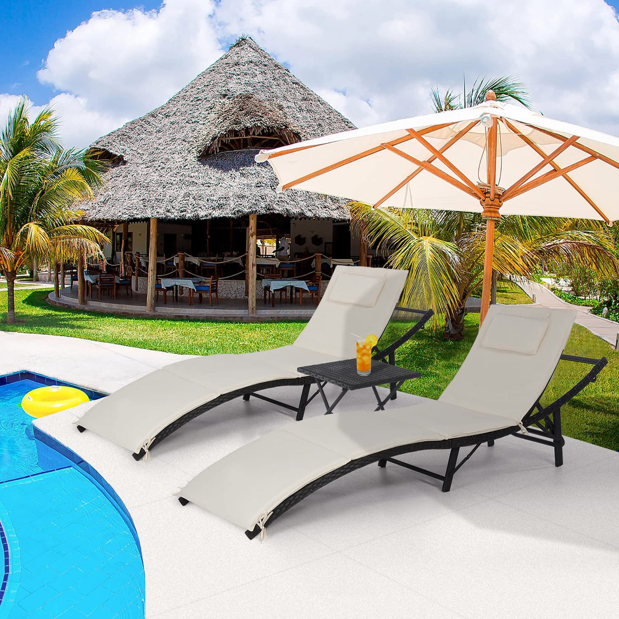 PayLessHere Patio Chaise Lounge Set of 3 Adjustable Back Outdoor Lounge Chair Folding Wicker Recliner Chair 2 Pieces Outside Chairs with Folding Table and Khaki Cushioned for Poolside Deck Lawn Beach PayLessHere